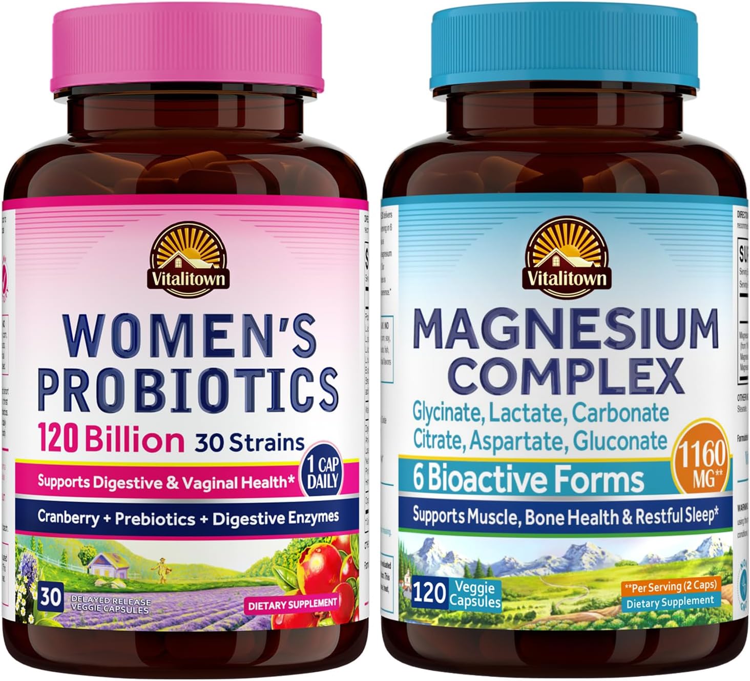Vitalitown Probiotic + Magnesium Bundle (Pack of 2) | Women's Probiotics (Item 1) & Magnesium Complex (Item 2) | 30 Probiotic Capsules & 120 Magnesium Capsules