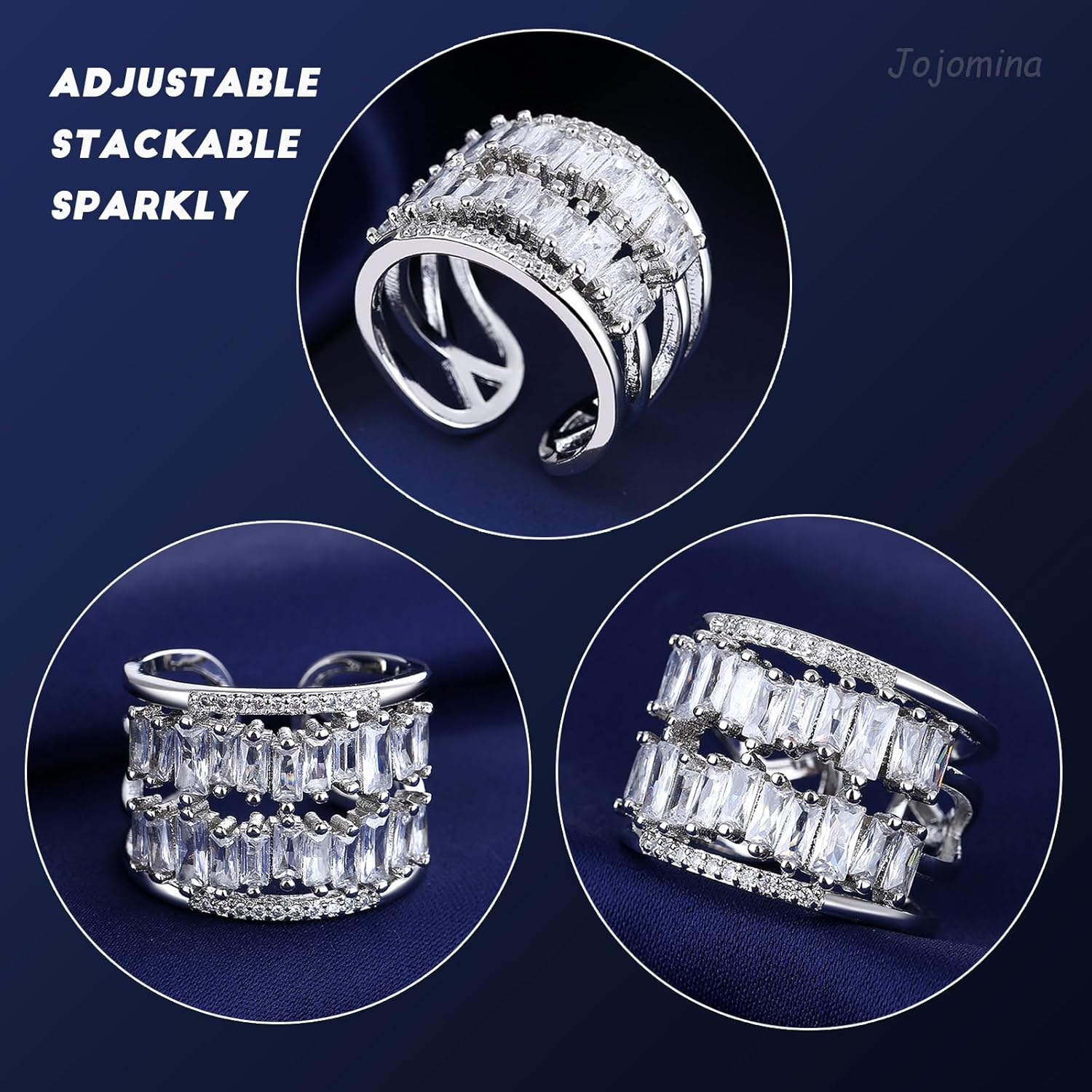 Jojomina Silver Adjustable Baguette Statement Rings for Women Chunky Crystal Rhinestone Cocktail Ring for Party Engagement Wedding Anniversary - Image 2