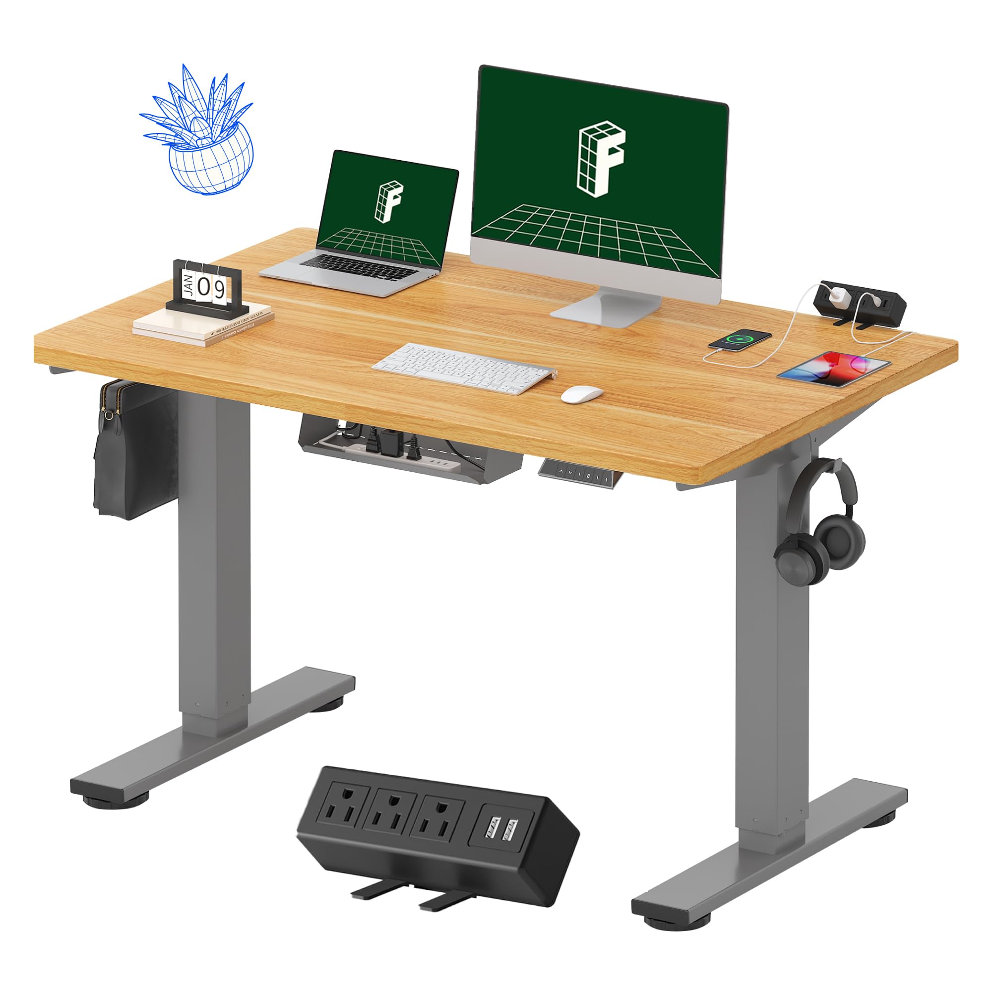 FLEXISPOT EN2 Whole-Piece Standing Desk with Clamp Power Strip, 48 x 30 Electric Stand Up Height Adjustable Desk with Cable Management (Gray Frame +