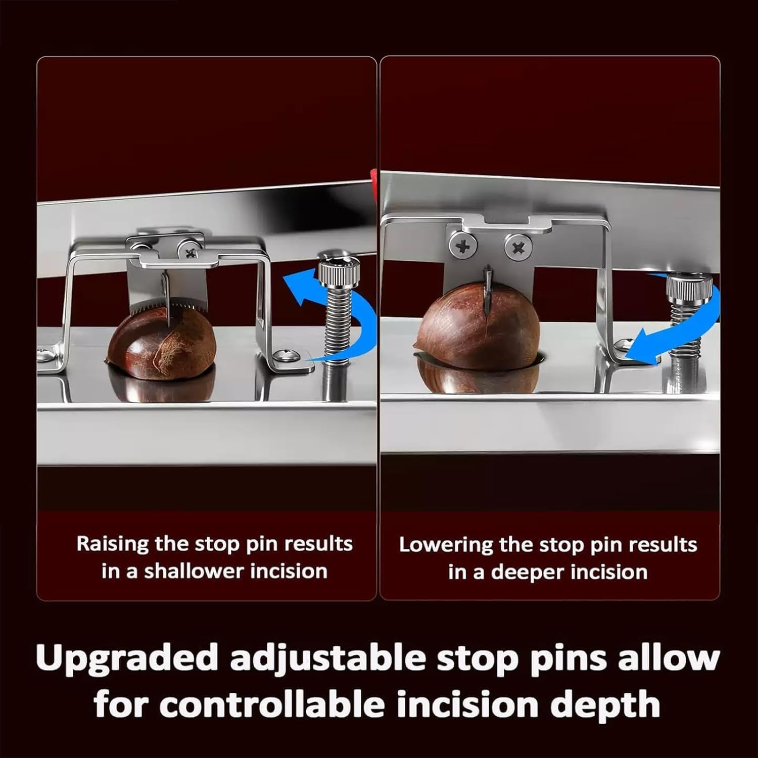 Upgrade Stainless Steel Chestnut Cutter Tool, Chestnut Notching Machine, Adjustable Opening Depth, Cross-toothed Serrations for Quick Opening, Chestnuts Fall Off Automatically,Nut Cracker