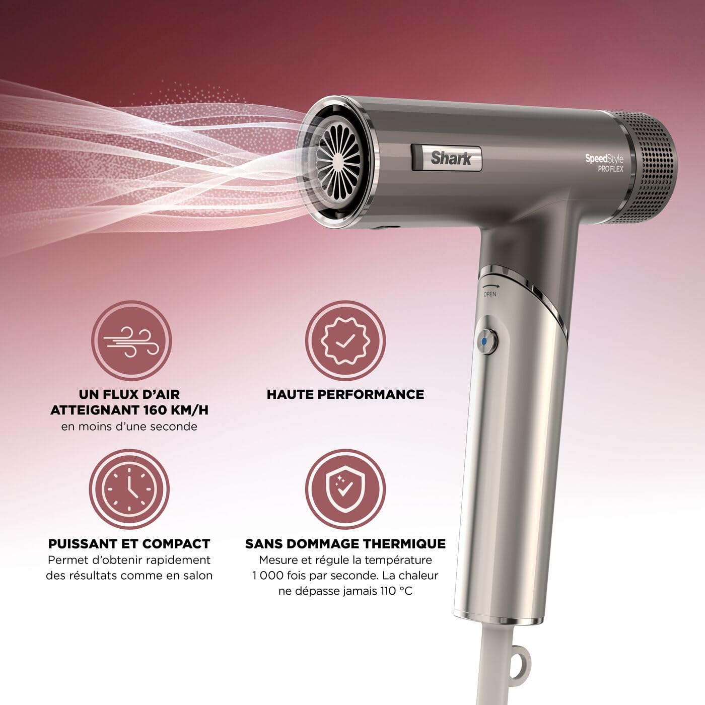 Shark sèche-Cheveux SpeedStyle Pro Flex Ultra-performant et Ultra-Rapide, 4 Embouts de coiffage, léger, ionique, sans dommage Thermique, poignée Pliable, Tous Types de Cheveux, Moka Argent HD542EU