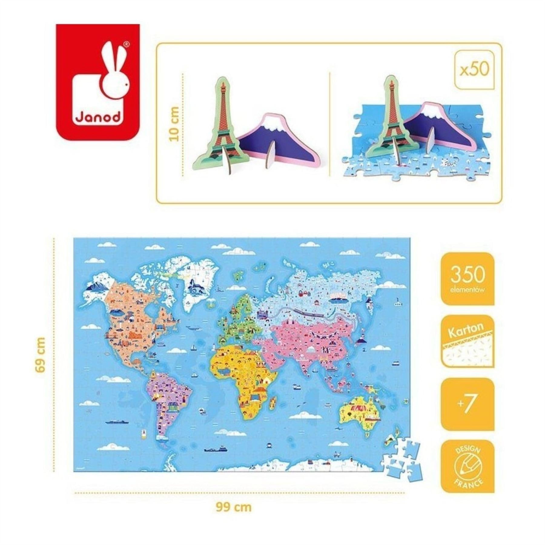Janod - 350-teiliges pädagogisches Kinderpuzzle Die Sehenswürdigkeiten der Welt - Entwicklung von Feinmotorik und Konzentration - Ab 7 Jahren, J02677
