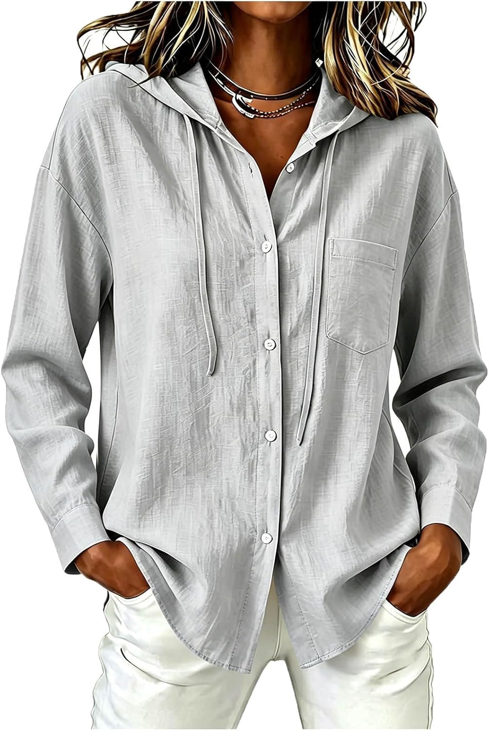 Lmdudan Women Linen Hooded Sweatshirt Long Sleeve Button Down Loose Fit Hoodie Lightweight Fall Winter Fashion Casual Tops