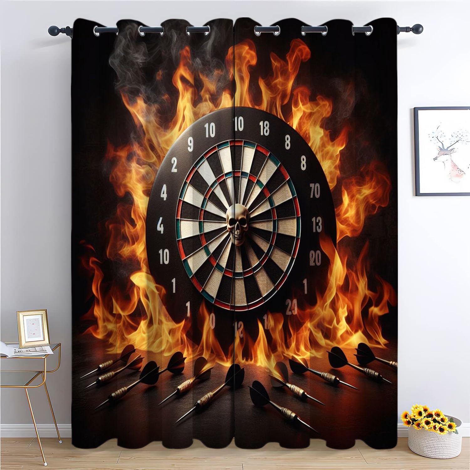 Flame Darts Roulette-Thema Verdunkelungsvorhang Schwarz, 2er Set Blickdichte Vorhänge mit Ösen H215 x B110 cm, Polyester Gardinen für Schlafzimmer Wohnzimmer Kinderzimmer