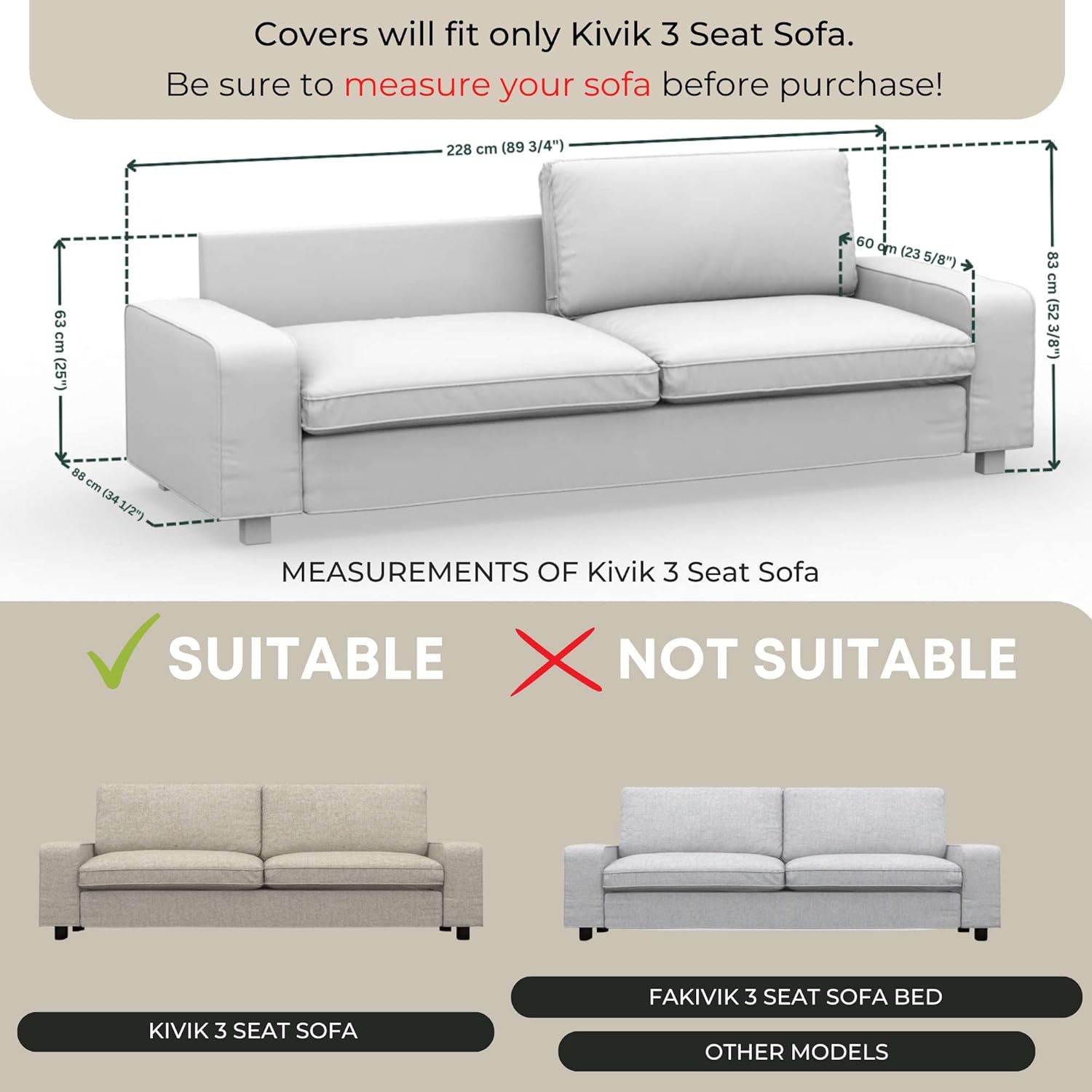 comfortly Cover for Kivik 3 Seat Sofa, Replacement Slipcover, Heavy Duty 7 pcs Cover, Soft Durable Washable Pet-Friendly Fabric, Easy to Clean & Replace (Tiffany - Black)