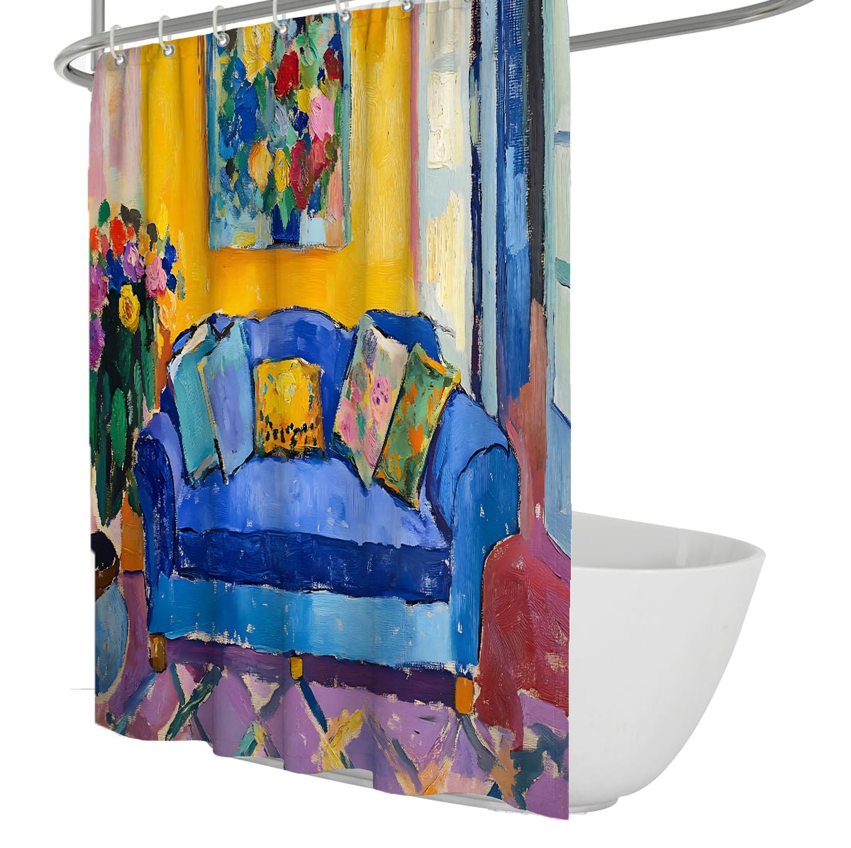 OLLIAR Home Abstract Art Shower Curtains for Bathroom Modern Colorful Oil Painting Blue Sofa Yellow Room Scene Bath Curtain Waterproof Machine Washable 220x200cm