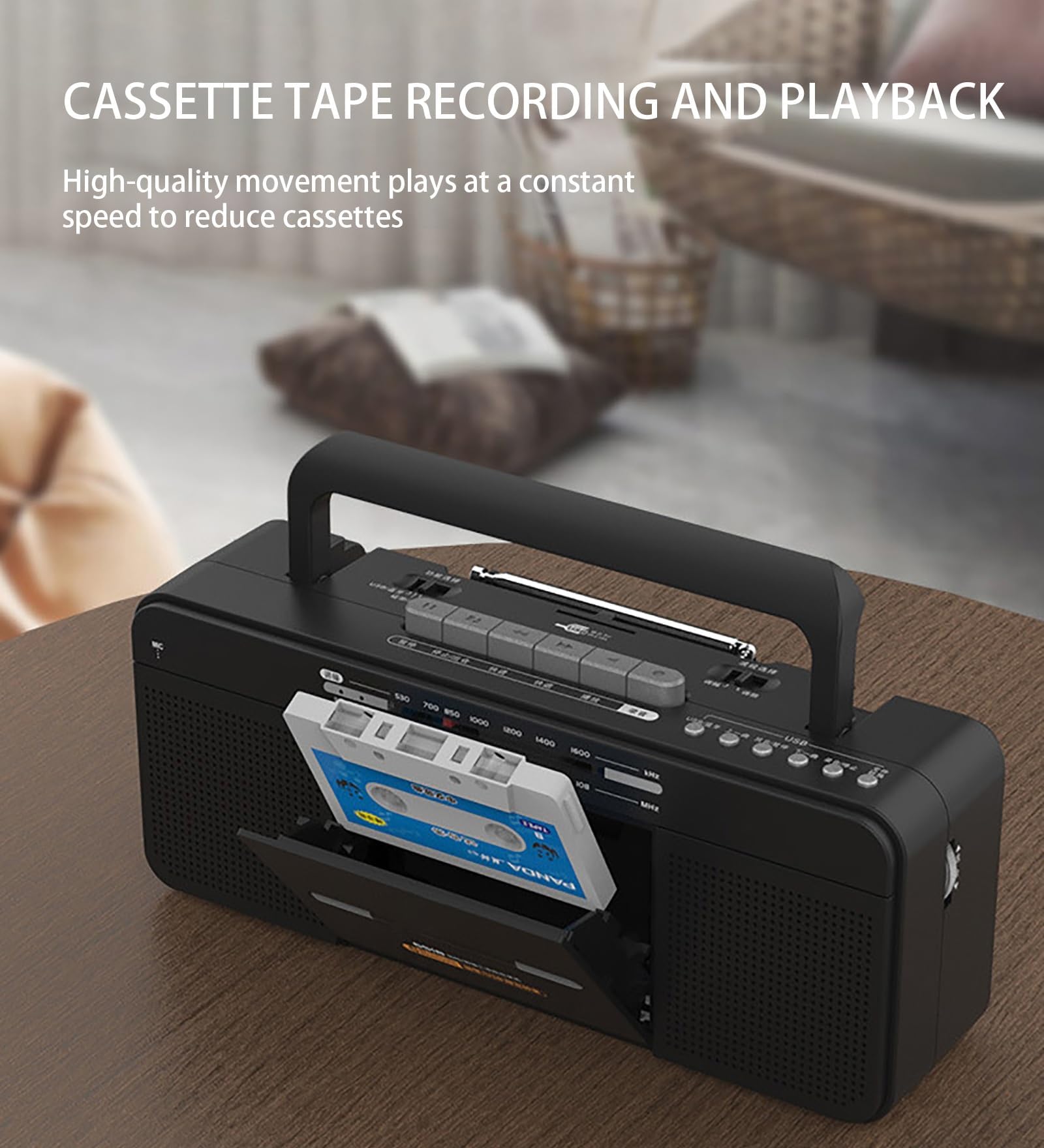 Lettore di cassette portatile con USB e radio AM/FM, Boombox retrò per uso domestico ed esterno