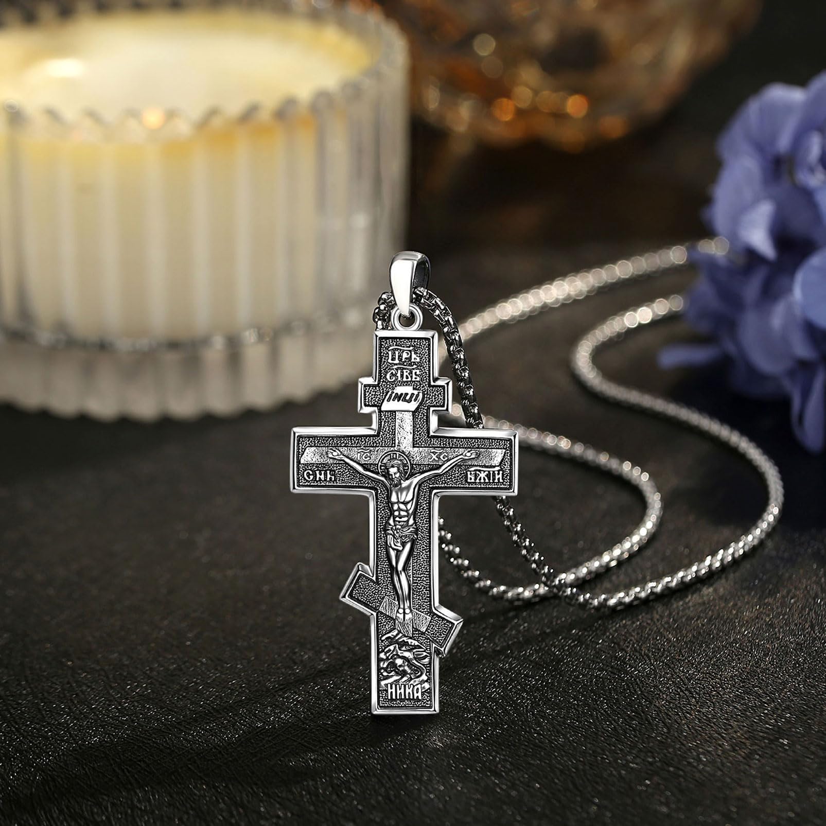 925 Srebro Sterling Ortodoksyjny naszyjnik z krzyżem dla kobiet mężczyzn, grzbiet krzyż Jezus krzyż naszyjniki religia ochrona biżuterii amulet dla męża taty, 22 + 2", Srebro