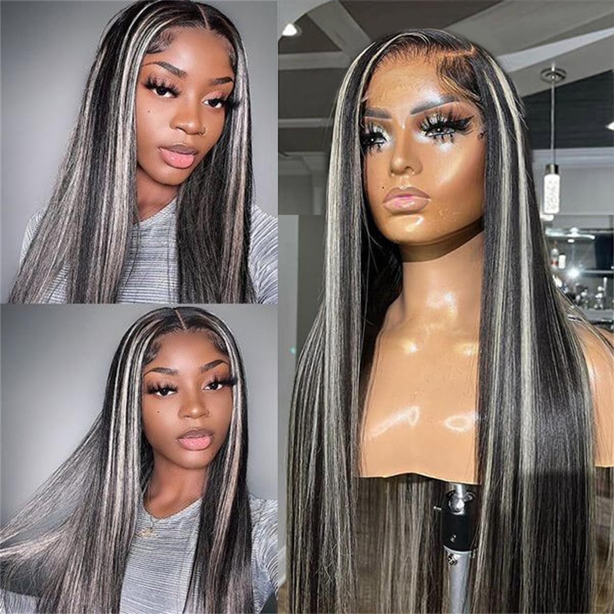 13x4 Lace Front Wig Human Hair Ombre Silver for Women 150% Density HD Transparent with Baby Hair 16 Inch Glueless Black with Grey Highlight 1B Gray
