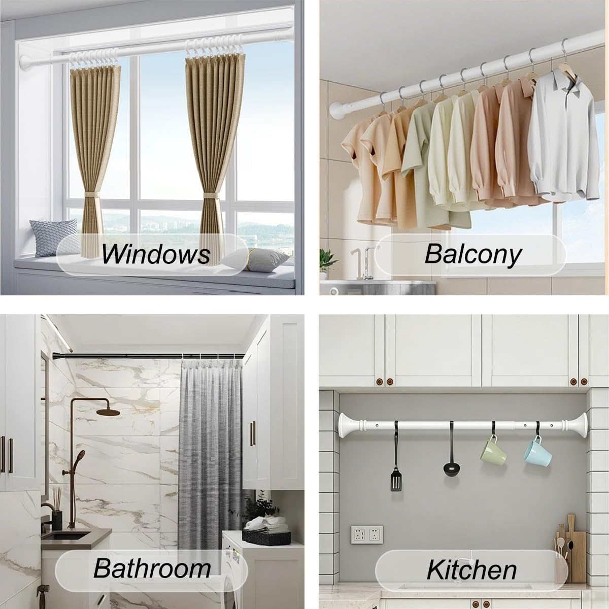 Barra De Cortina De Ducha Extensible Sin Taladro, 410-500 Cm Barra De Cortina Ajustable, Inoxidable Barra Telescópica Extensible Antideslizante Óxido Para Baño, Armario(Negro,410-500cm)