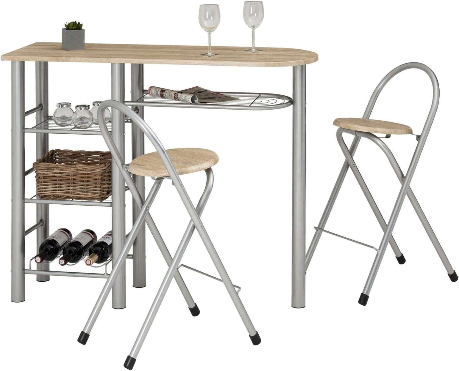 COSTWAY Bartisch mit 2 Barhockern, 2 Personen Küchentheke mit Regalen ...