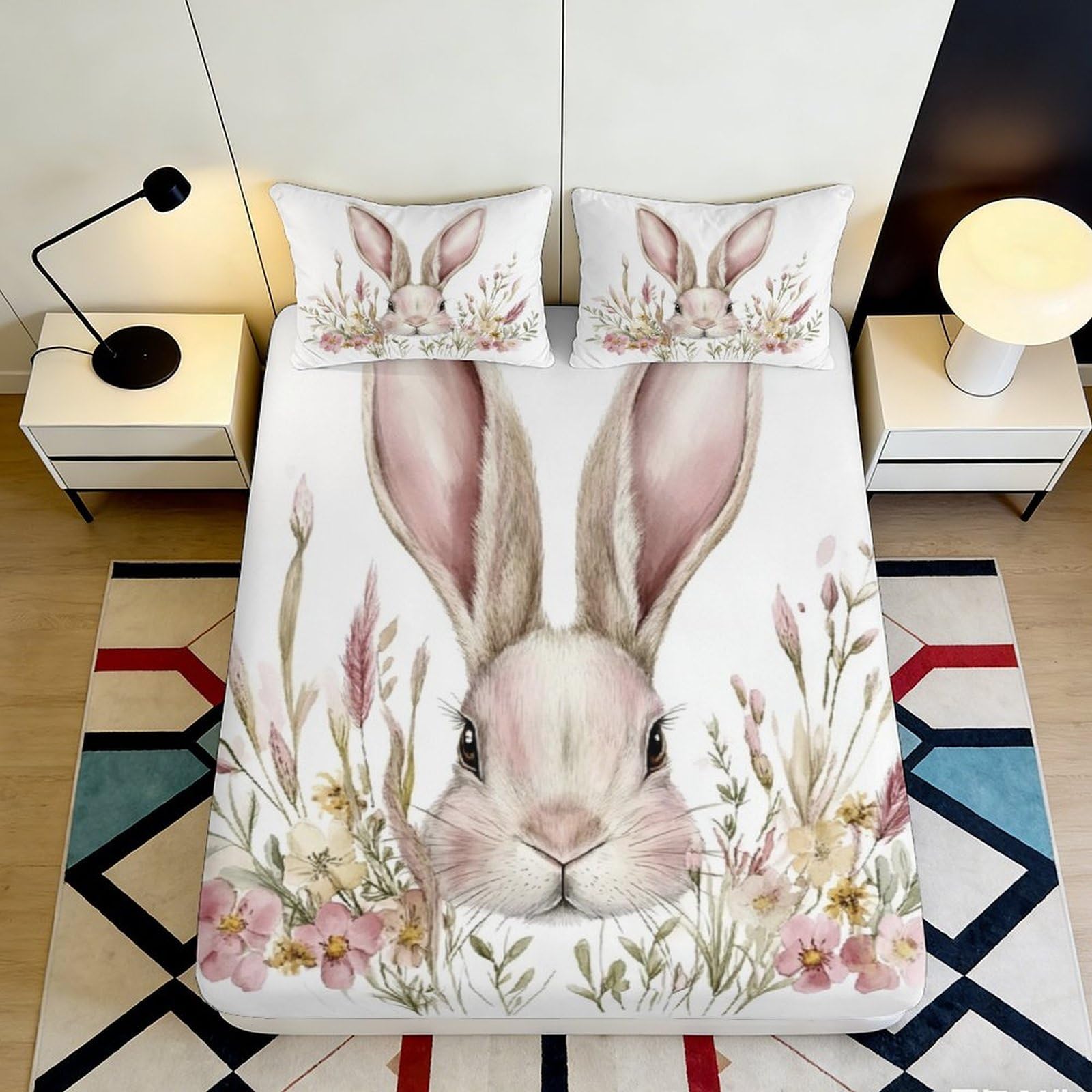 3D Printed Floral Rabbit Fitted Sheet Microfiber Soft Breathable Bunny Bed Cover for Bedroom Dormitory Guest Room Mattress Protection Decor 200x200x25cm