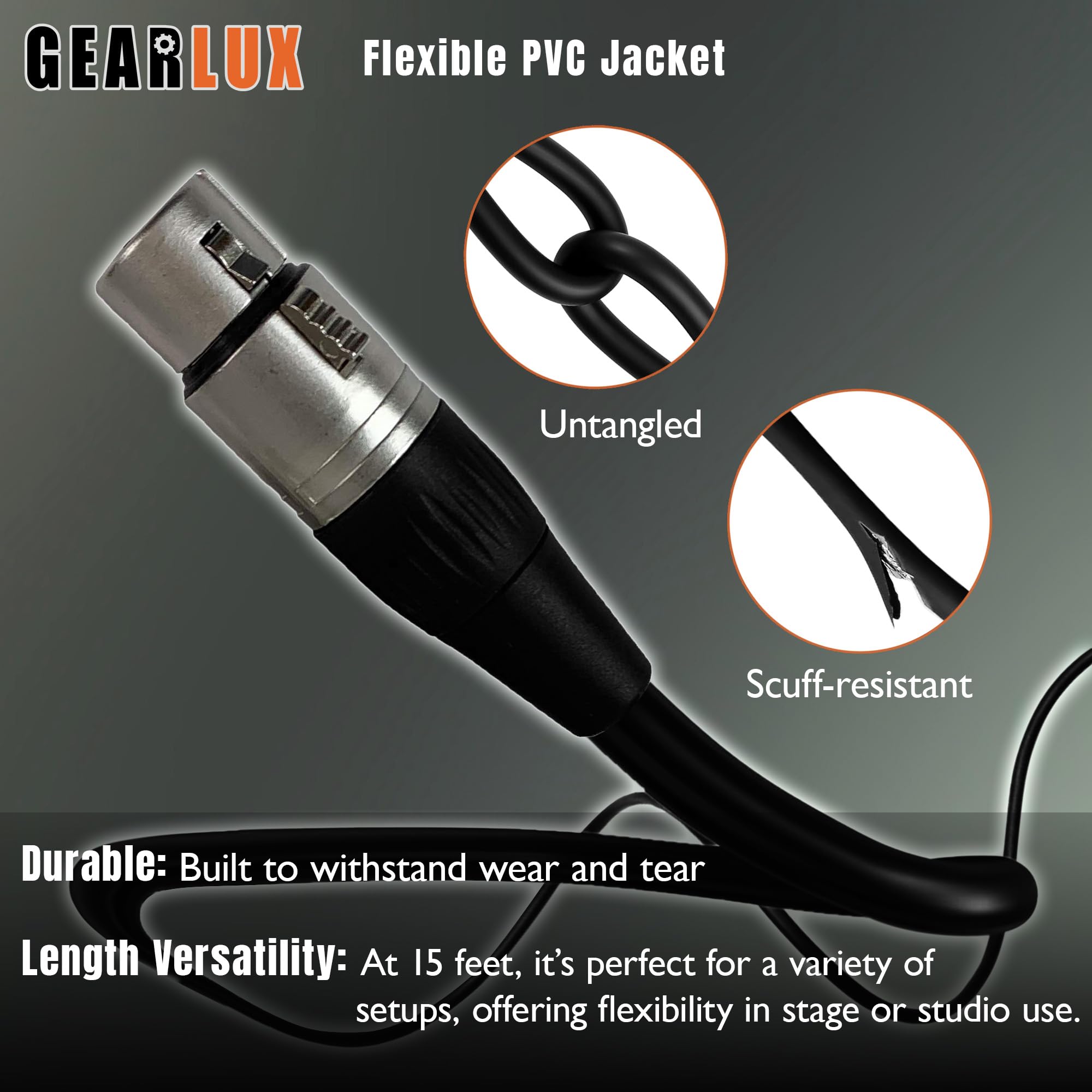 Gearlux Cable de micrófono XLR de 15 pies, color negro, paquete de 6