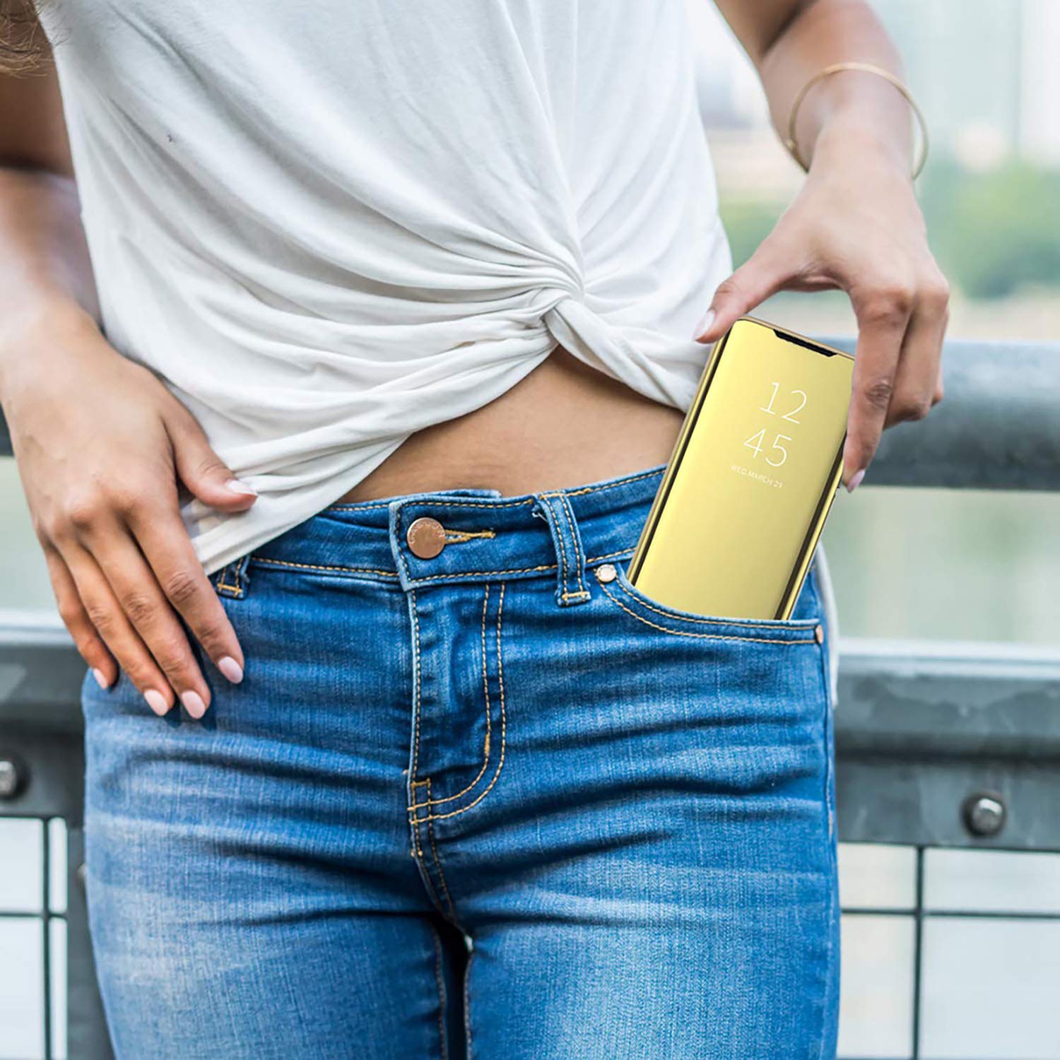 HAOYE Cover Con Specchio Per Xiaomi Redmi Note 12 (4G) – Custodia Flip Smart View Con Supporto, Oro - copertina