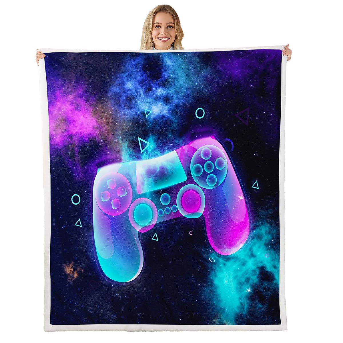 Boys Gamepad Sherpa Blanket Video Game Fleece Throw Blanket Kids Boys Girls Modern Gamer Controller Galaxy Geometric Printed Decor Sofa Bed Couch,King 87x94 Inch
