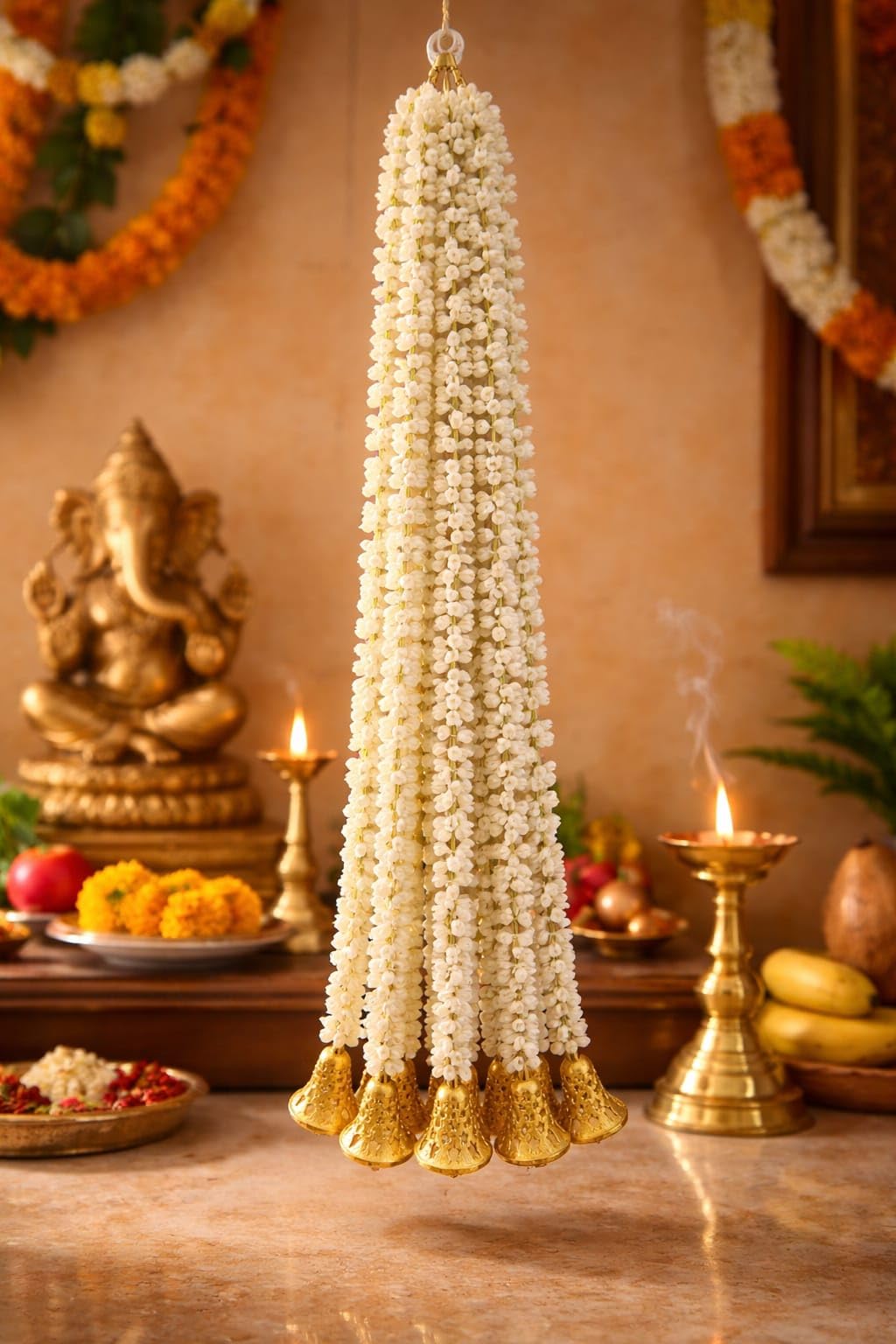 Artificial Jasmine Mogra Hanging Garland with Golden Beads & Decorative Golden Bells | Plastic White Flower Mala for Home, Temple, Wedding & Festive Decoration Multipropose | 40 Inches-image-14