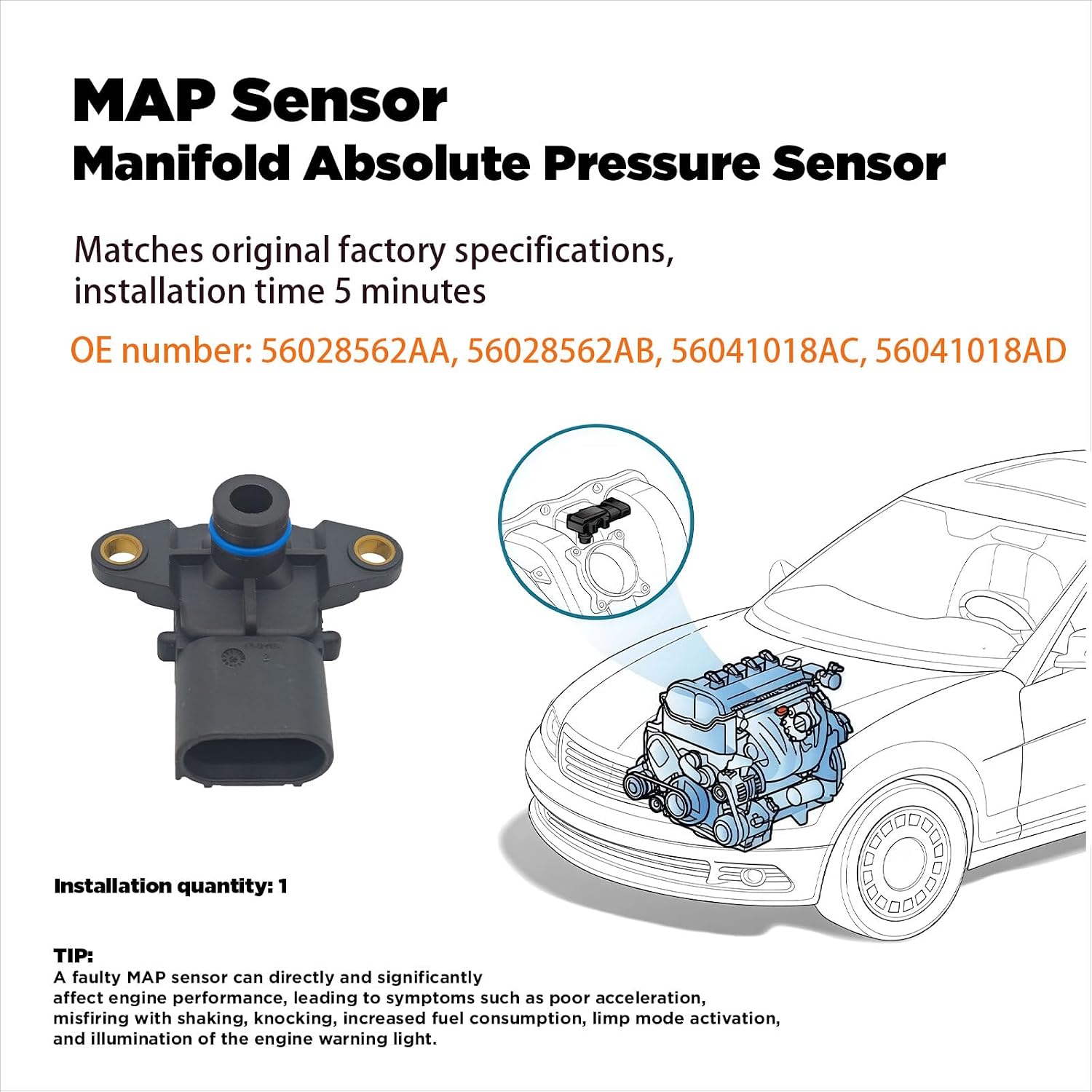 MAP Sensor Manifold Absolute Pressure Sensor for Chrysler 300 Town & Country Dodge Ram 1500 Pickup Caravan Dakota Jeep Grand Cherokee Wrangler Commander 2003-2013 56041018AC