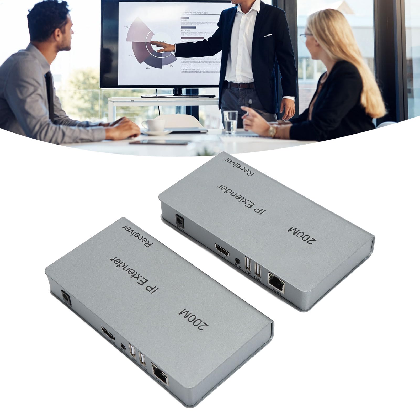Extension IP KVM 200 M, Interface Multimédia HD KVM sur IP pour Cat5e Cat6, Contrôle USB, Matériel Pur Plug and Play, Entrée Vidéo 1080p (Prise UE)