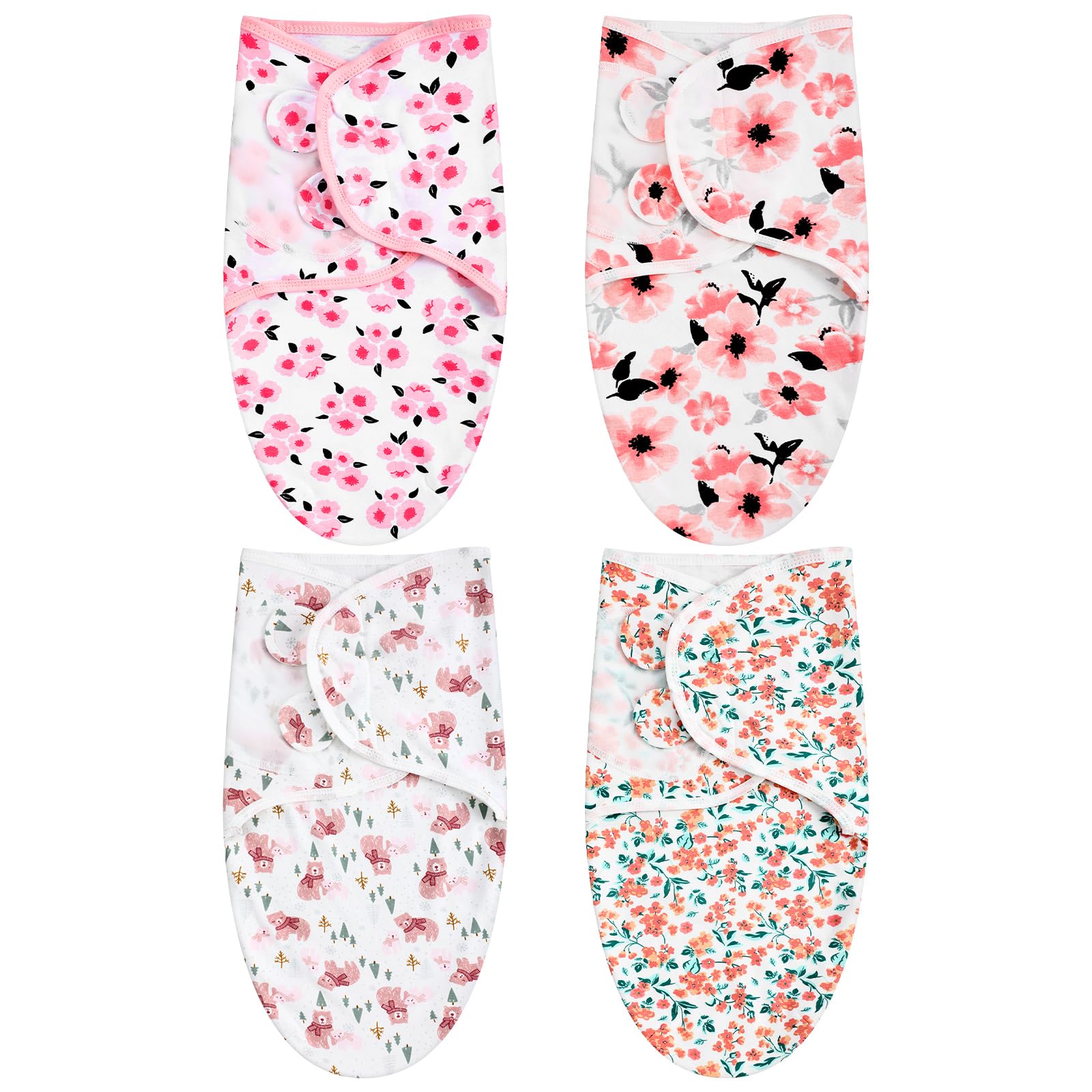 Newwiee 4 Pcs Preemie Baby Swaddle Wrap Adjustable Cotton Preemie Swaddle Blanket for Newborn Boys Girls(Flower Style,Fit for Preemies)