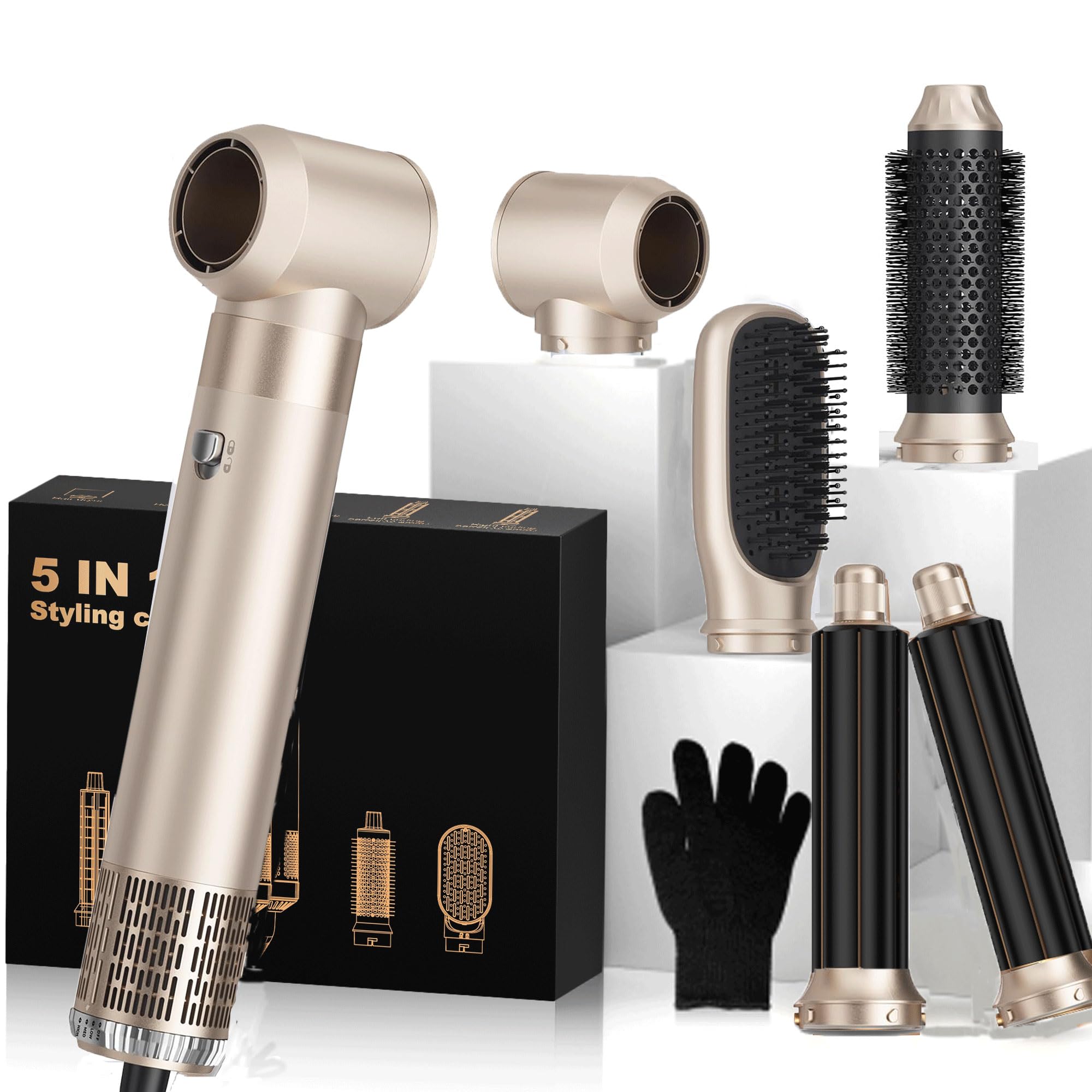 OKWRAP 5-in-1 Hot Air Styler &amp; Blow Dryer Brush Set - 700W Gentle Temperature Hair Multi-Styler with Auto-Wrap Curlers &amp; Round Brush for Fine, Thin, or Damaged Hair, 100-120V US Outlet Only