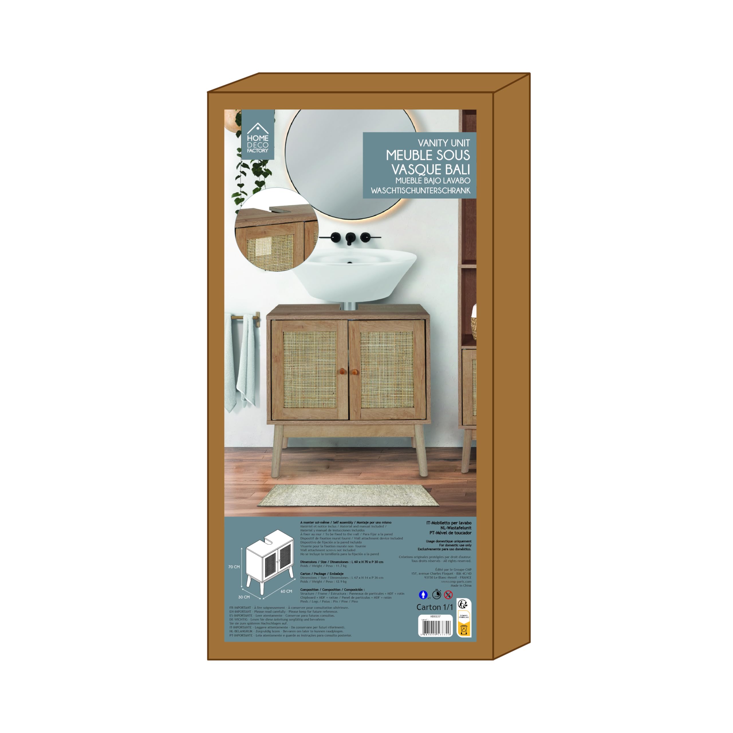 HOME DECO FACTORY - HD0227, Mueble Bajo Lavabo, Modelo Bali, Colección Natural Crush, Mobiliario, Mueble de Baño, 60 x 70 x 30 cm, Marrón
