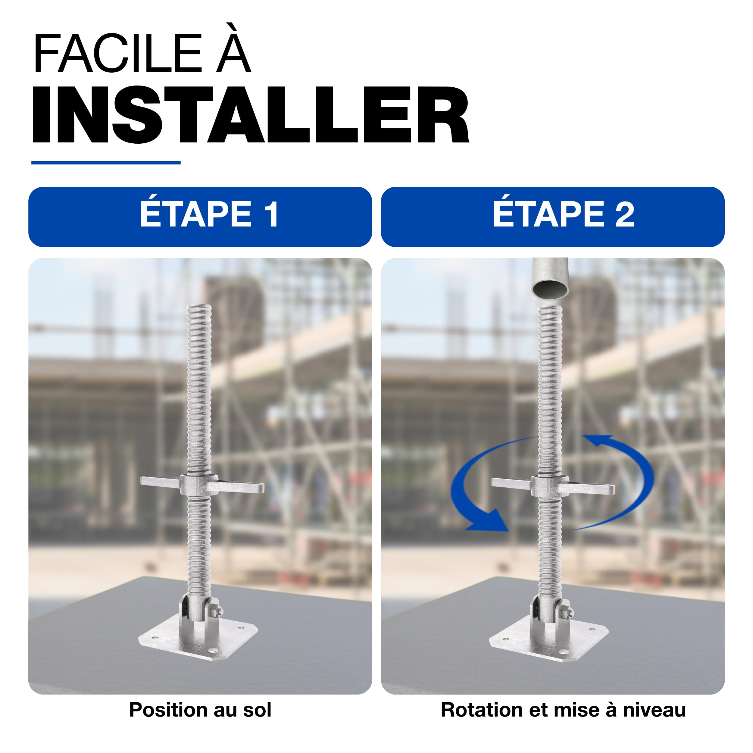GeZu Impex Pied d'échafaudage avec Tige Filetée Ø 38 x 500 mm Lot de 4 | Galvanoplastie plaques de pieds réglables
