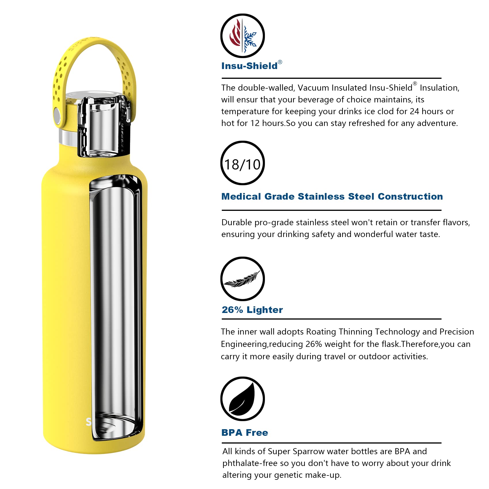 Super Sparrow Borraccia ultraleggera in acciaio inox 18/10-350 ml, 500 ml, 750 ml, borraccia termica in metallo, tappo flessibile standard, senza BPA, per palestra, viaggi, sport
