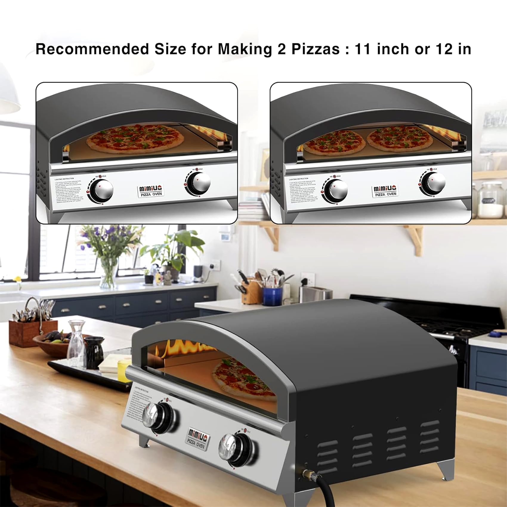 Horno de pizza de gas al aire libre de 25 pulgadas, horno portátil de propano para pizza con piedra de hornear grande - Haz 2 pizzas a la vez - Estufa multifuncional de acero inoxidable para 4