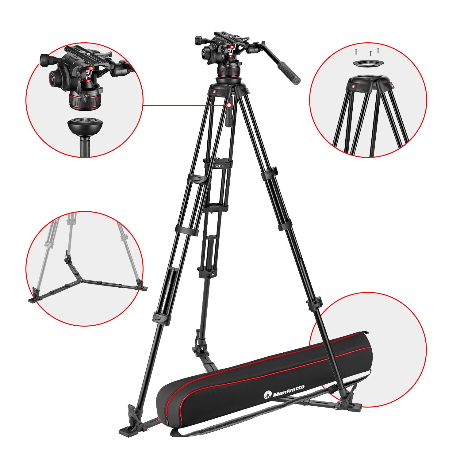 Manfrotto Nitrotech 612 Fluid Head for Video Shooting with Aluminium Twin Leg Tripod Ground Spreader for DSLR, Mirrorless, Video and Cinema Camera Systems - 18 kg Payload