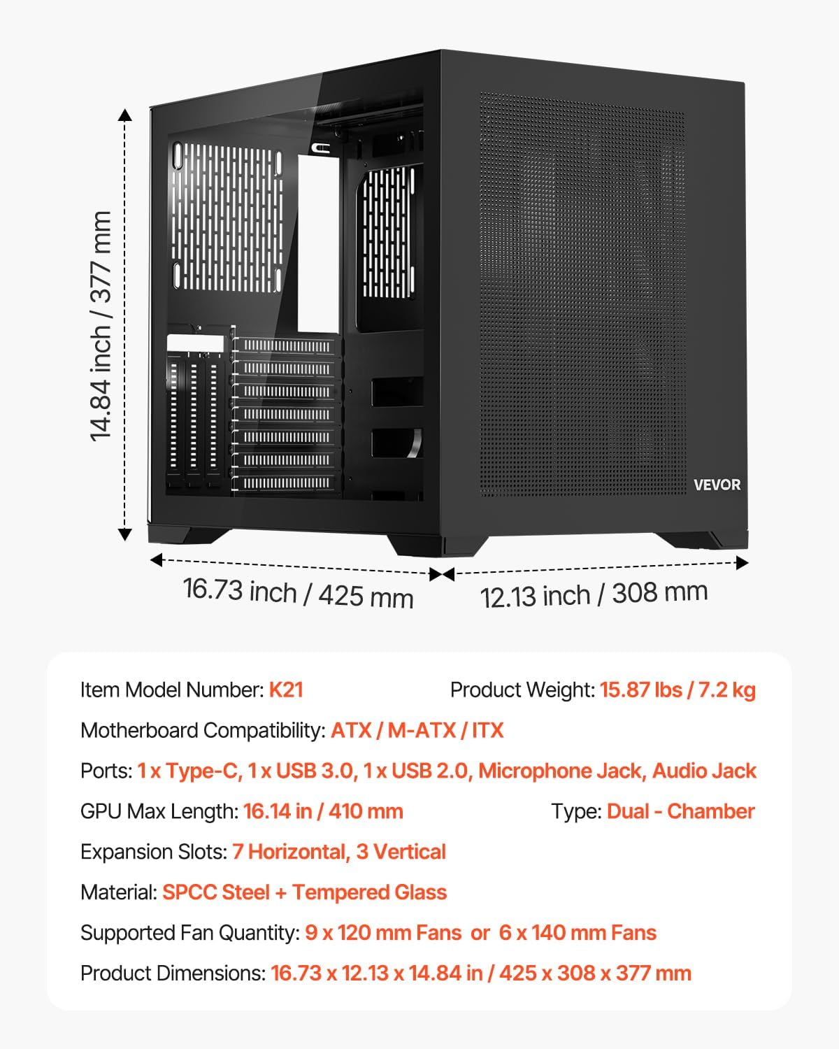 71lz+tyh15L._AC_SL1500_ VEVOR Mid-Tower PC Case, Dual Chamber, Gaming Computer Case with Tempered Glass Panels, Magnetic Dust Filter, Cable Management, for GPU up to 410 mm in Length, Compatible with ATX/M-ATX/ITX, No Fan