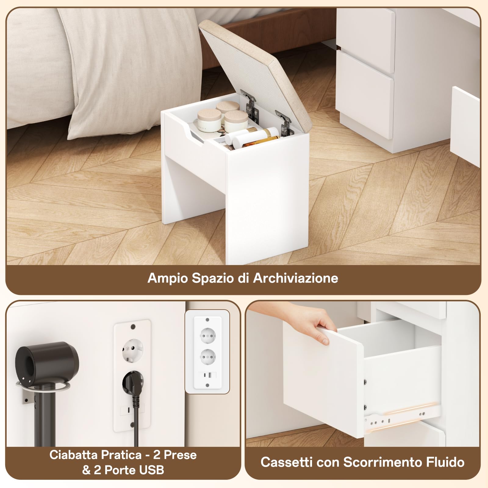 TRIUMPHKEY Toeletta Trucco con Grande LED Specchio,Postazione Trucco con Sgabello,Tavolo da Trucco con 7 Cassetti e 2 Prese, 1 USB-A e 1 USB-C,Camera da Letto,Bianco