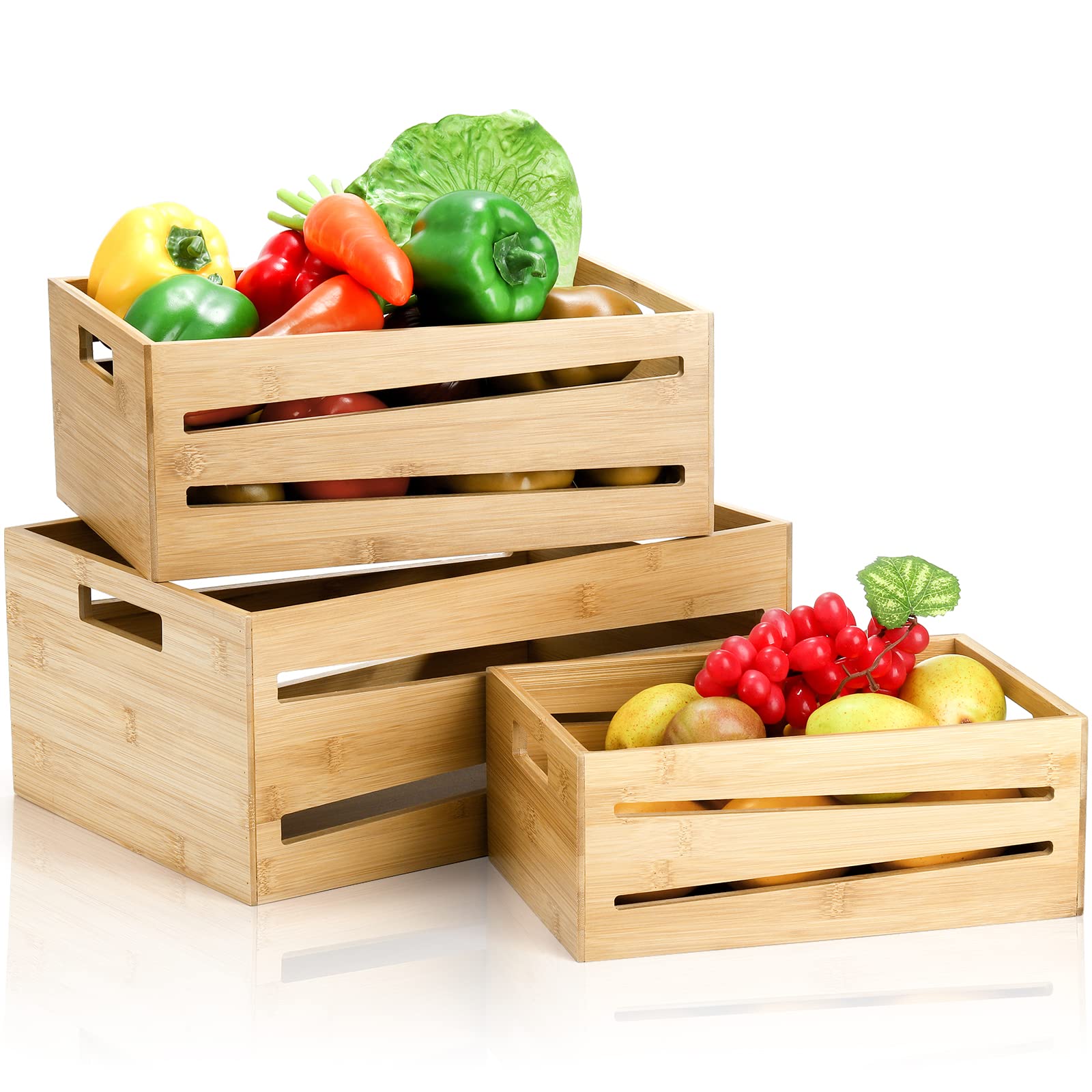 AVLA 3 Pack Bamboo Storage Crates, Nesting Decorative Storage Organizer Box, Vintage Container Bin with Handles, Countertop Baskets Display Risers for Home, Kitchen Pantry Cabinet, Shelf, Counter