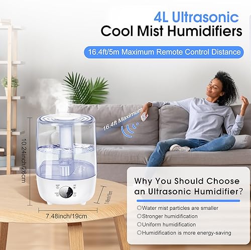 Miniatura 2 de ITMIAYA Humidificador ultrasónico de 4 litros para dormitorio, humidificador ultrasónico de niebla fría de 30 dB 40 H, llenado superior, control