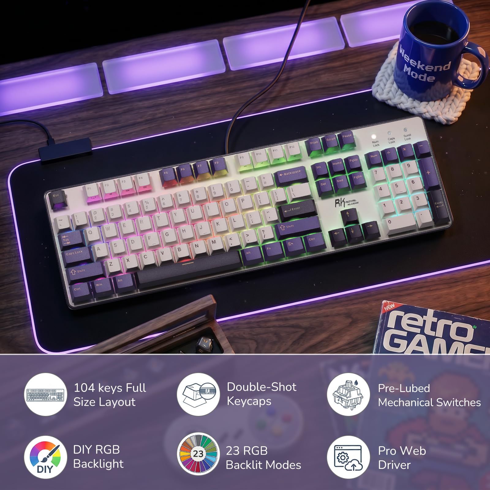 RK ROYAL KLUDGE RK920 przewodowa klawiatura mechaniczna, pełnowymiarowa, 104-klawiszowa, podświetleniem RGB numerycznym, możliwością wymiany podczas pracy, klawisze nakładkami PBT, Win/Mac, QWERTY