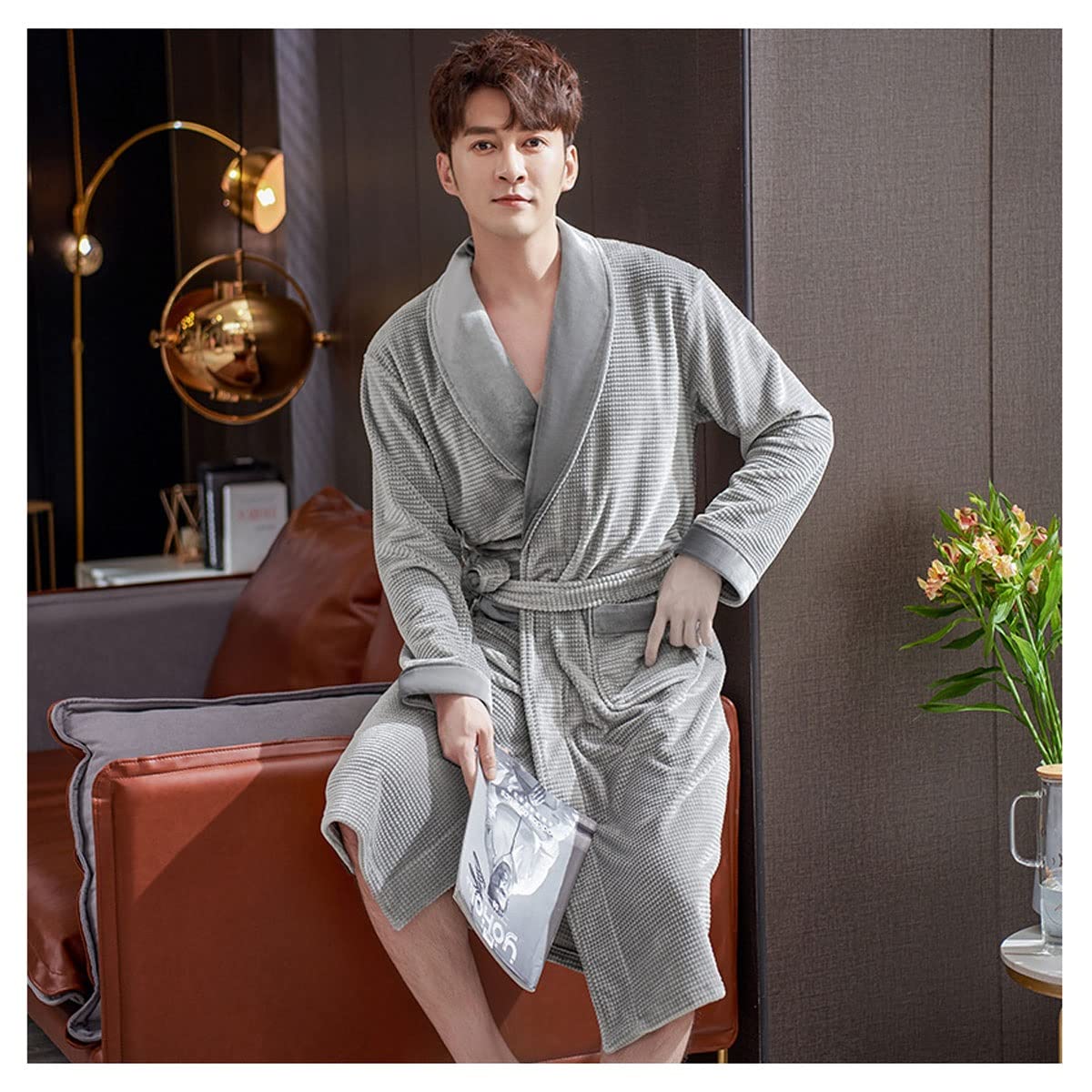 Abbigliamento da Uomo in Flanella, Accappatoio a Scialle di Peluche con Cappuccio, Abbigliamento da Notte, for Vasca idromassaggio Sauna (Color : Silver, Size : L)