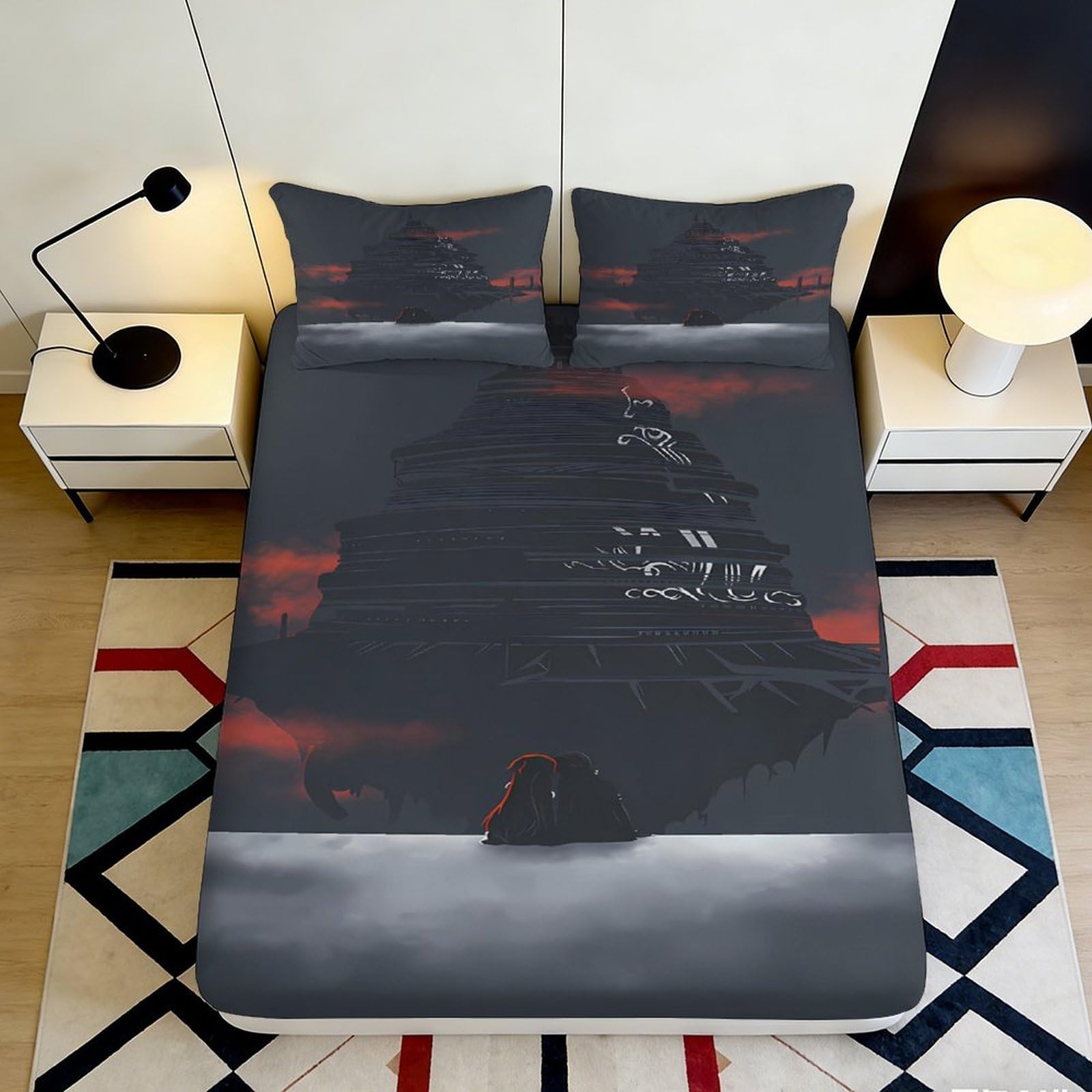 3D Printed Night Scenery Fitted Sheet Microfiber Deep Pocket Bedroom Bedding Night Scene Mattress Fitted Cover Elastic Hem for Adults 200x200x25cm