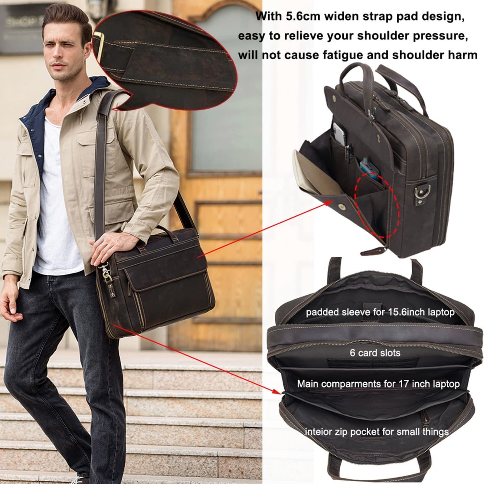 Maletín vintage de cuero genuino para hombres de 17 pulgadas para computadora portátil de negocios, viajes, trabajo, mensajero, bolsas de hombro, marrón oscuro, Marrón intenso, 17.3 x 11.4 x 5.12