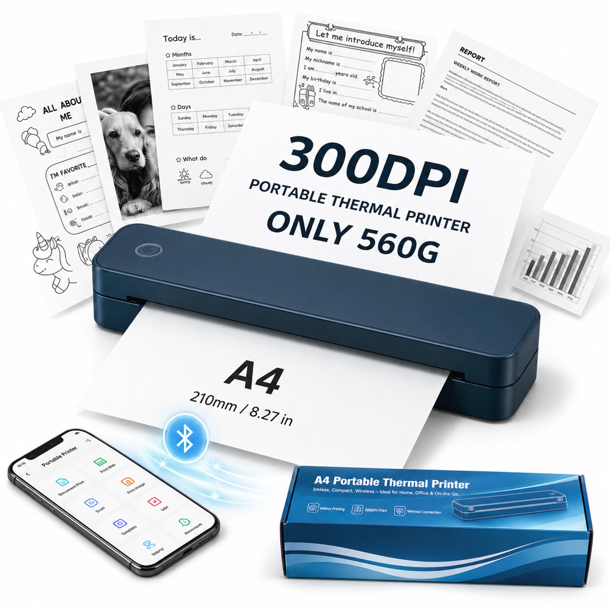 Portable Printers Wireless for Travel - Inkless Thermal Printer Support 8.5" X 11" US Letter and A4 Thermal Paper - Bluetooth Printers for Home Use, Office, Car, Compatible with iOS, Android, Laptop