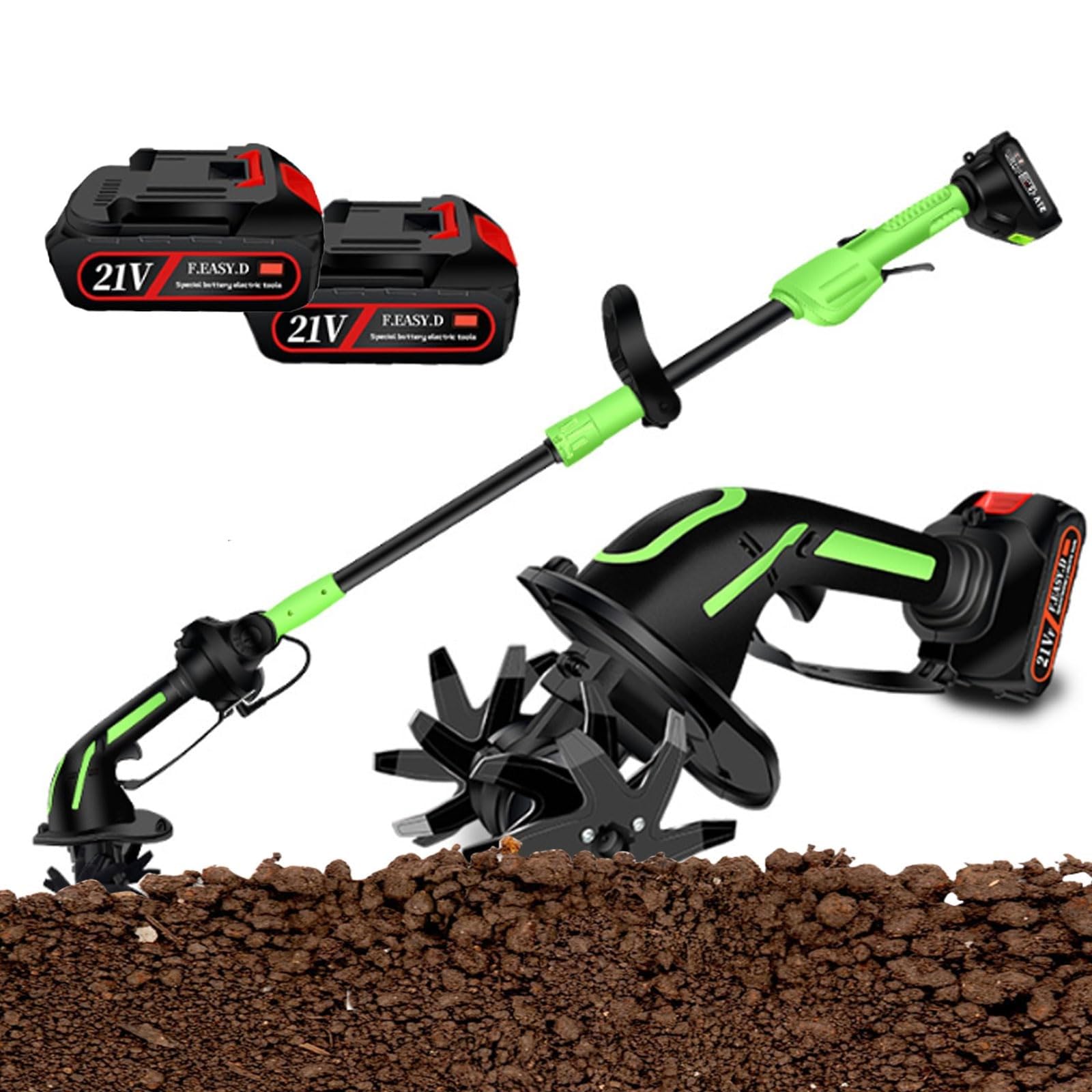 Electric Garden Rotavator Versatile with 2 Batteries & Long Pole for Soil Loosening and Weeding Cordless Tiller Cultivator 10cm Tilling Depth and Working Width Rotavator