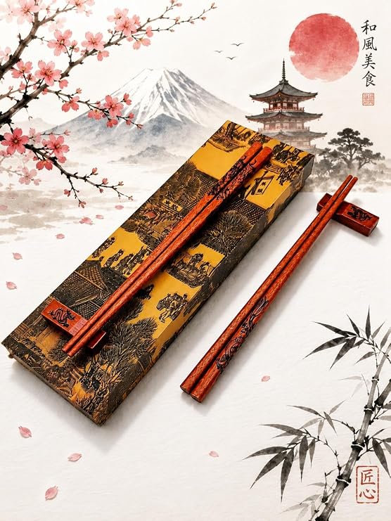 Valkyrie Doğal Ahşap Yemek Çubuğu Seti 2 Çift – Ejderha Desenli Çubuk Tutacaklı Kutulu 22,9 cm Chopstick Seti