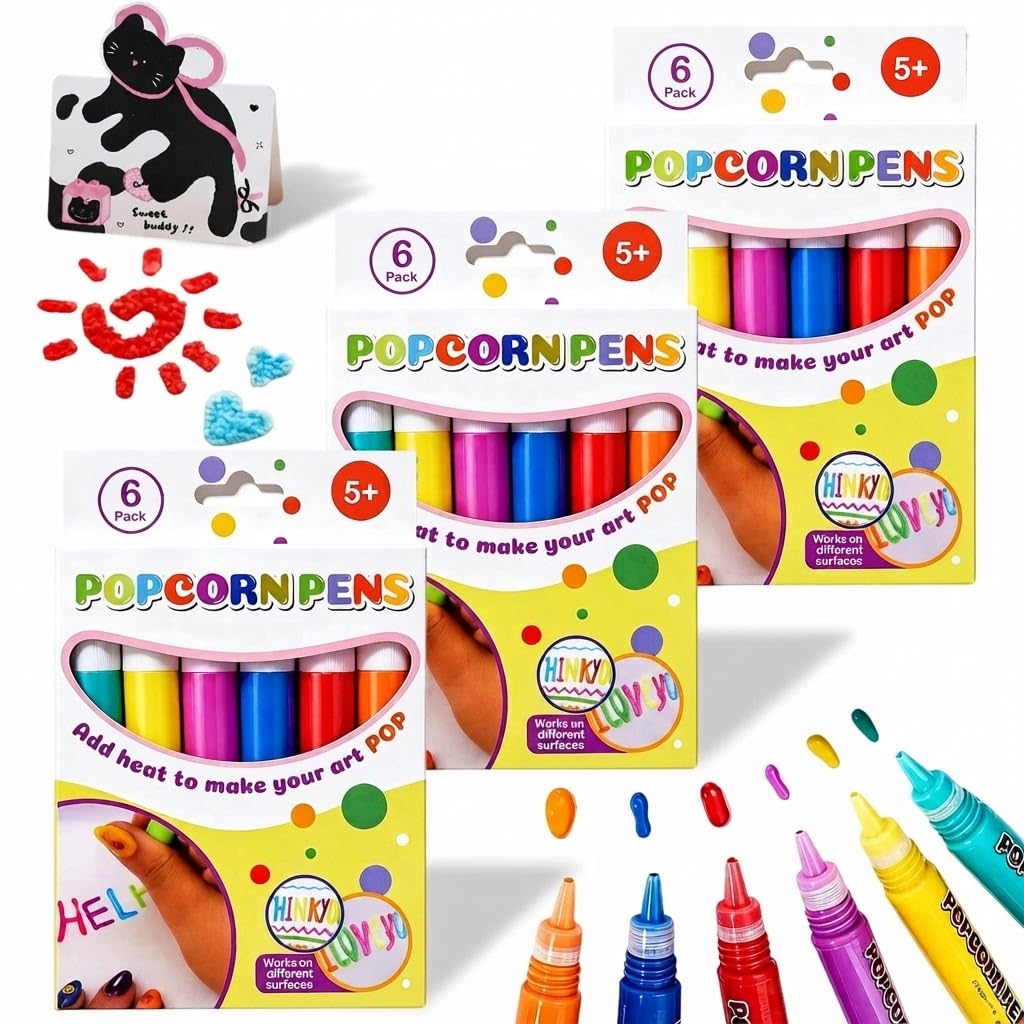 ELMVAR 18PCS Popcorn Pens, 6 Colors 3D Safe Puffy Bubble Drawing Pens for Kids, DIY Bubble Pen with 10 Blank Cards, for Graffiti, Coloring, Birthday Greeting Cards Art Crafts (3PCS)