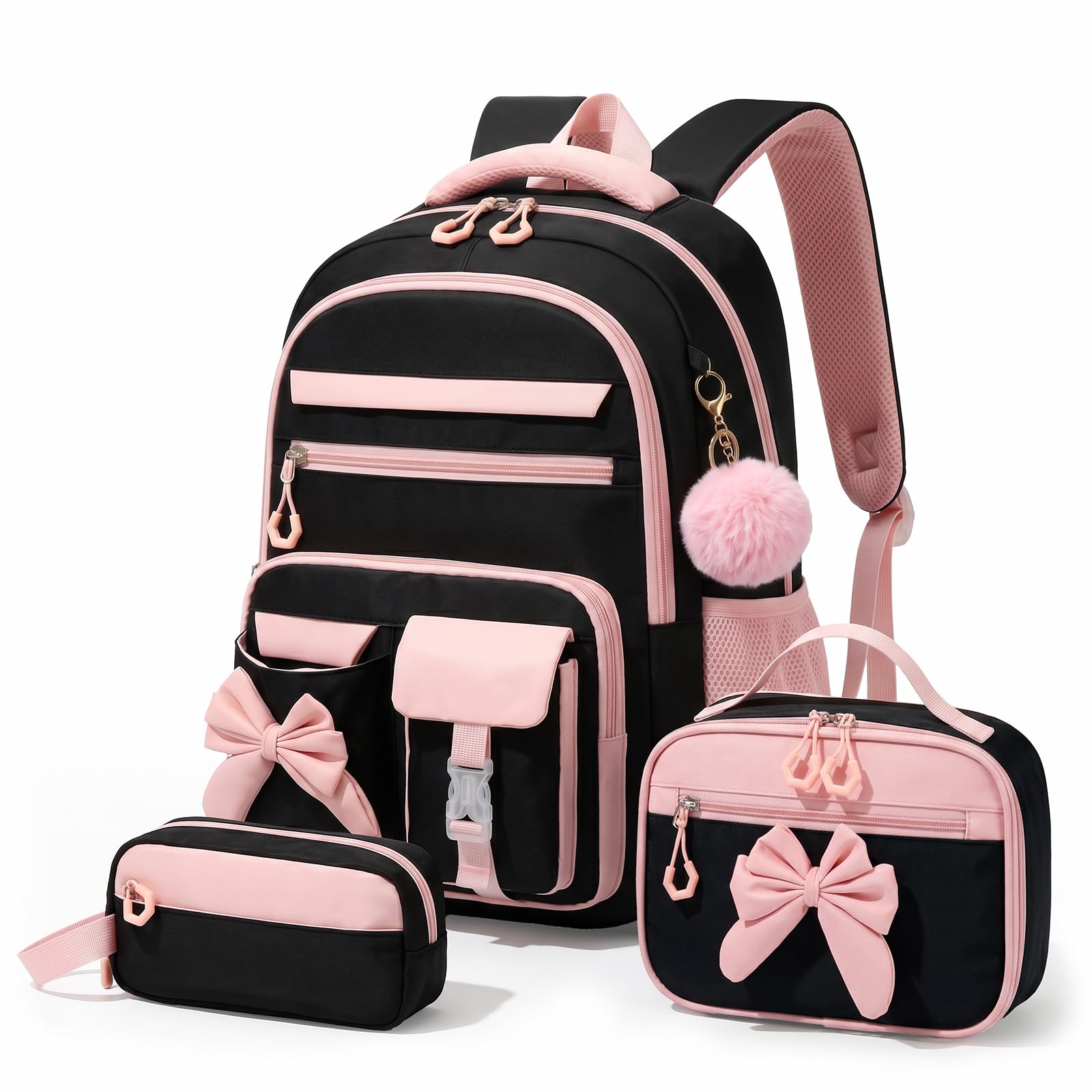 Amythe Sac à Dos Fille Primaire 3 Pièce, Ensemble Cartable Enfant Scolaire avec Sacs à Déjeuner et Trousse Crayon, Sac Ecole pour Fille 8 à 15 ans, Noir