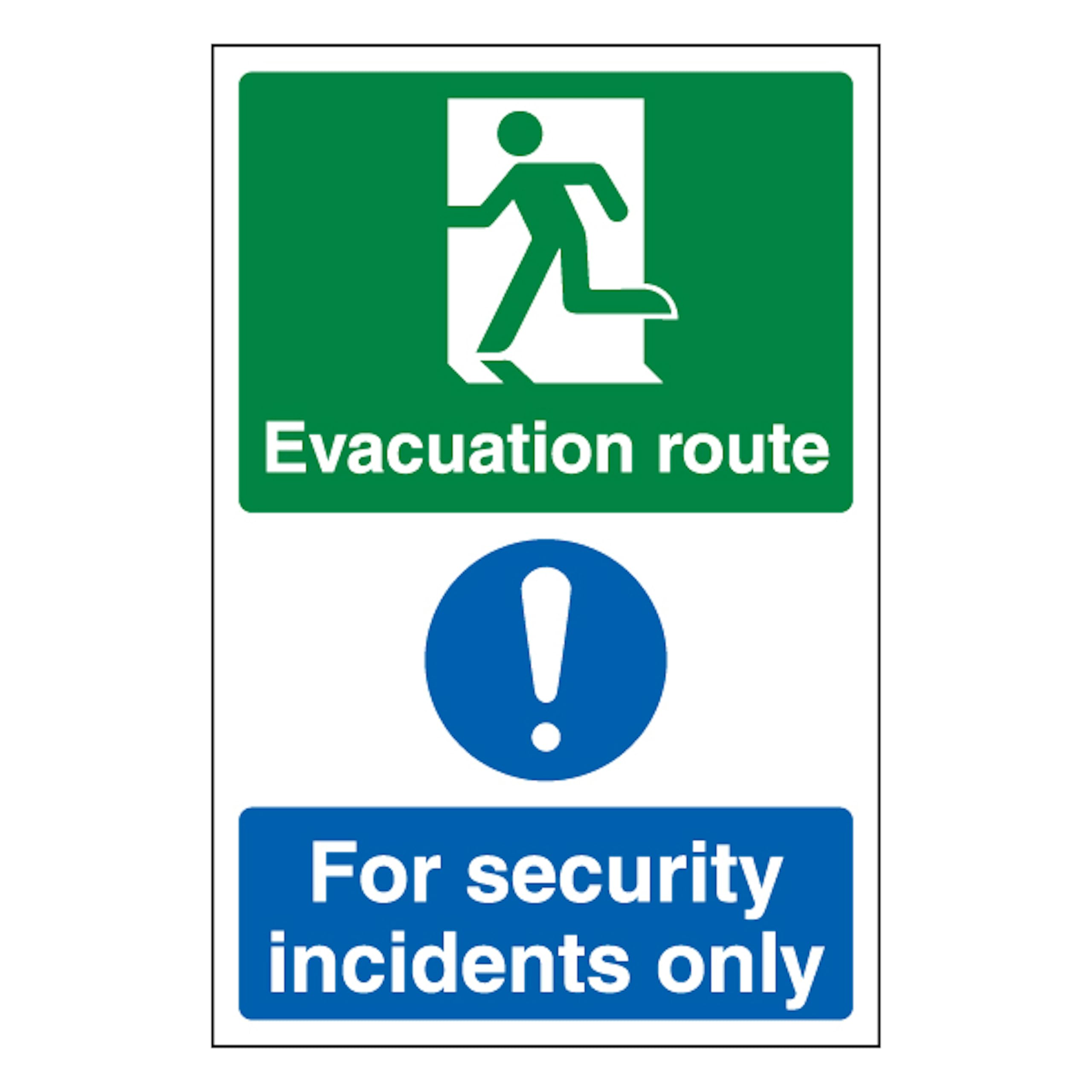 V Safety Evacuation Route Left/Security Incidents Only - Portrait 200 x 300mm - 2mm Rigid Plastic Safety Sign