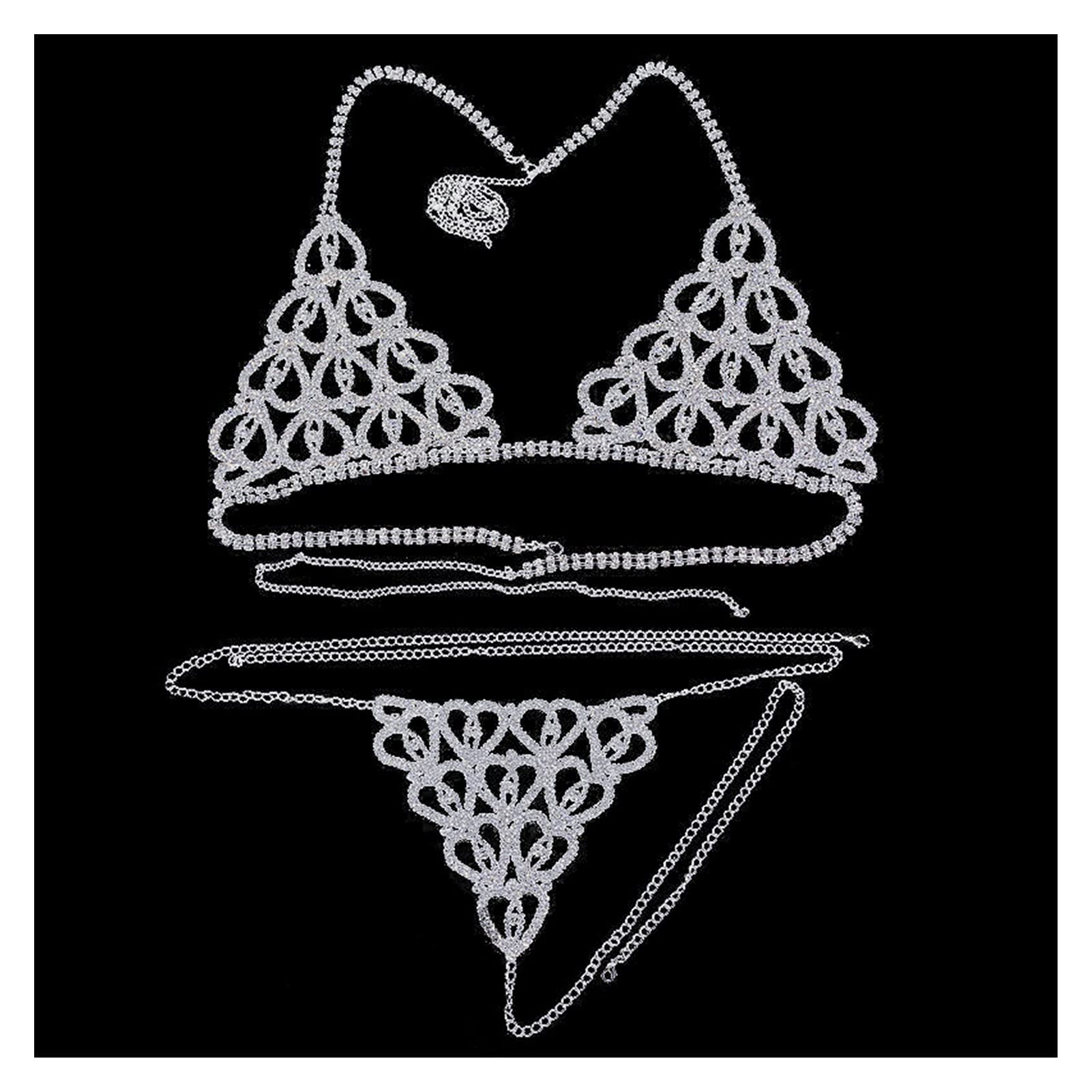 RWRAPS Sexy Luxus-Herzkristall-Bikinigeschirr für Damen, modische Dessous-Kette, Bling-Strass-BH und Tanga-Set, Schmuck, Körperschmuck für Damen (Metallfarbe: 4) (1 Silber-Set) (B 1 Silber-Set) (B 5)
