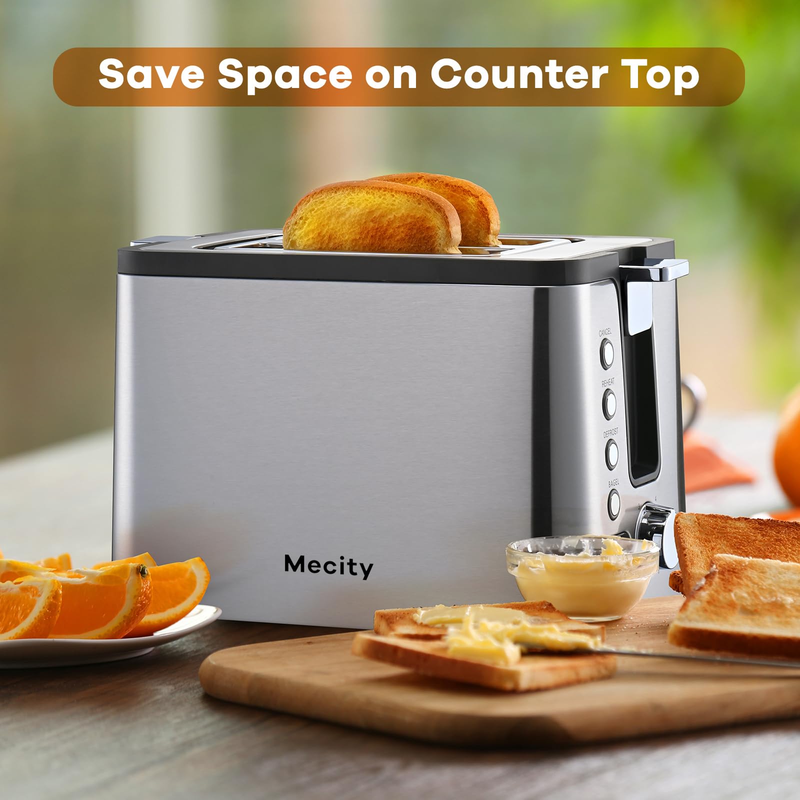 Mecity tostador de 2 rebanadas de acero inoxidable con temporizador de cuenta regresiva, funciones de bagel/descongelación/recalentamiento/cancelación, estante de calentamiento, bandeja extraíble, 6