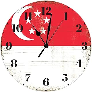 Singapore Flag Wall Clock Vintage Wooden Round Wall Clock 15inch Silent Non-Ticking Battery Operated Wood Print Hanging Wall Clock for Classroom Kitchen Living Room Bathroom