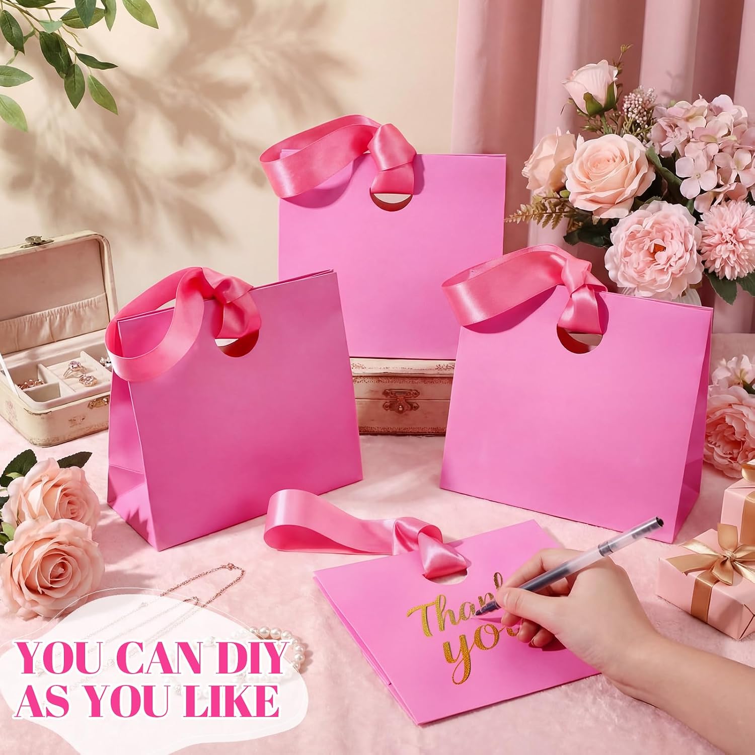 Feifeiya 30 Pcs Small Hot Pink Gift Bags with Ribbon Handle image 4