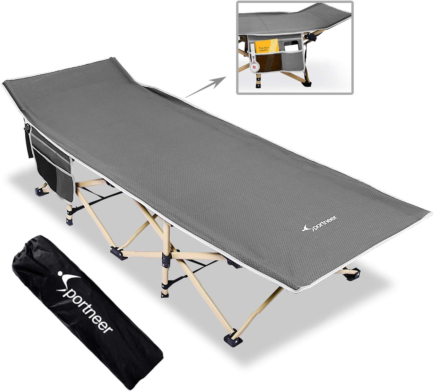 Sleeping Cot, Sportneer Cot Camping Cot Max Load 450 LBS 2 Side Large Pockets Portable Folding Camp Cots Wide Cot Bed with Carry Bag for Adults Kids Teen Tent Camping Beach BBQ Hiking Office Gray : Sports & Outdoors