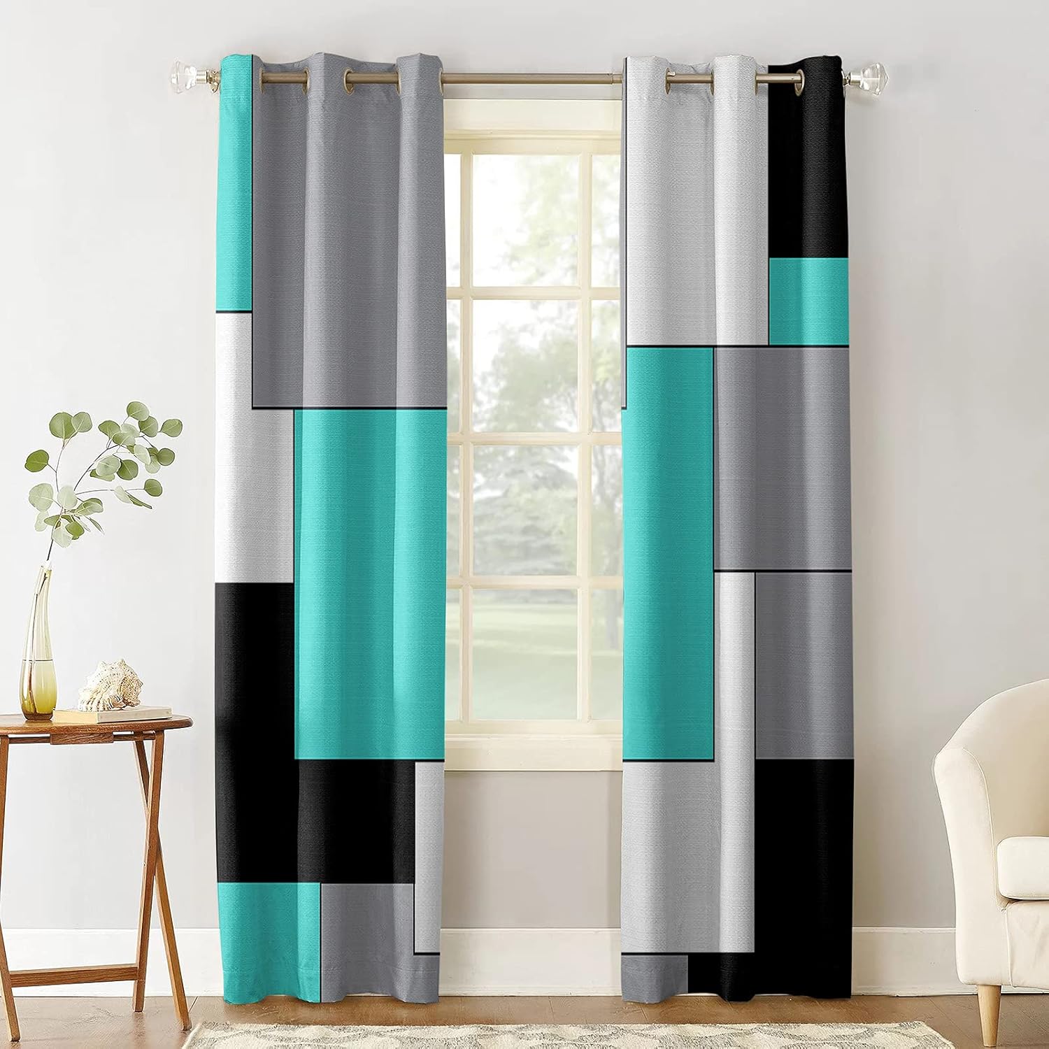 Turquoise Black and Grey Blackout Curtains 39 inches Long 2 Panels Set, Modern Patchwork Art Abstract Room Darkening Curtains Grommet Thermal Insulated Window Drapes for Living Room Bedroom Decor