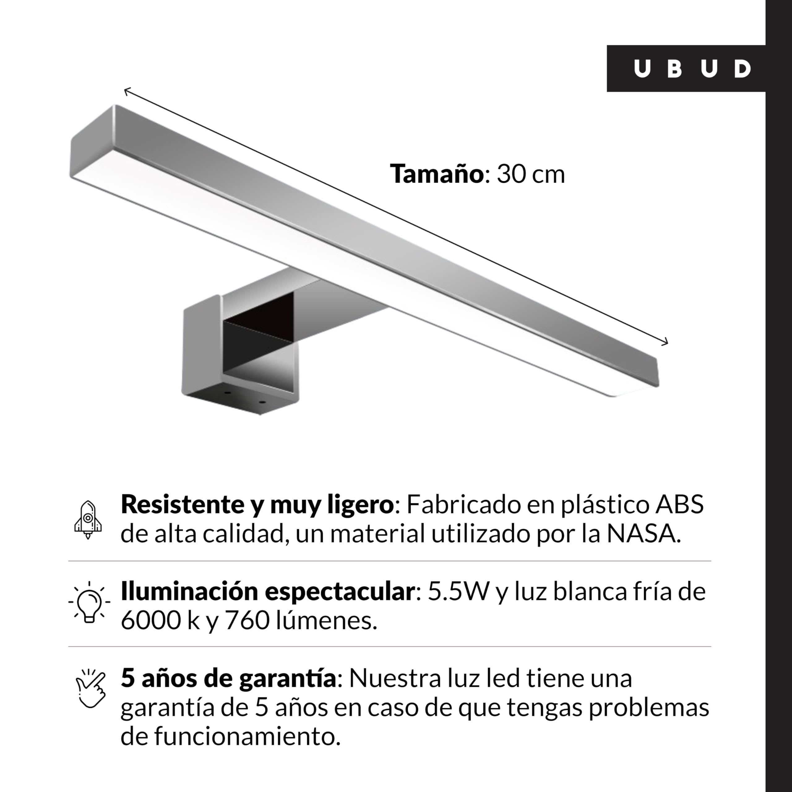 UBUD Lámpara Led Aplique Led para Espejo o Pared de Baño - 760lm - Medidas 300 x 110 x 40 mm - Protección IP44 - Luz Blanca 6000K - Color Cromado. (Ideal y Perfecto para Maquillar o Afeitar) (30 CM)
